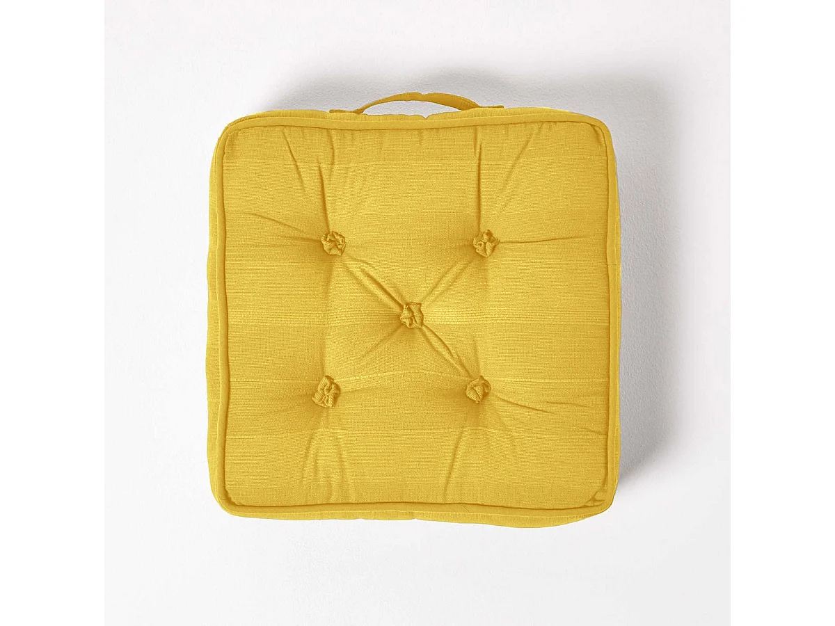 Homescapes 100% Cotton Rajput Floor Cushion, 40 x 40 x 8 cm, Yellow, OEKO-TEX Certified, Handcrafted, 16 x 16 x 3"