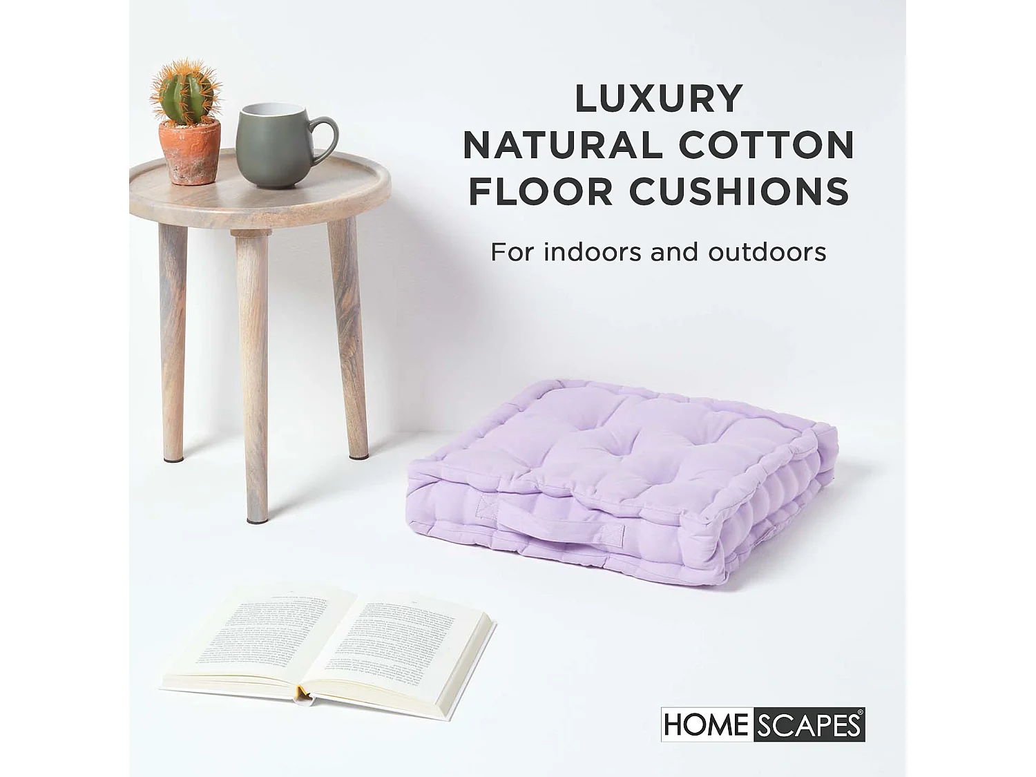 Homescapes 100% Cotton Plain Floor Cushion, 40 x 40 x 8 cm, Mauve Purple, OEKO-TEX Certified, Handcrafted, 16 x 16 x 3"