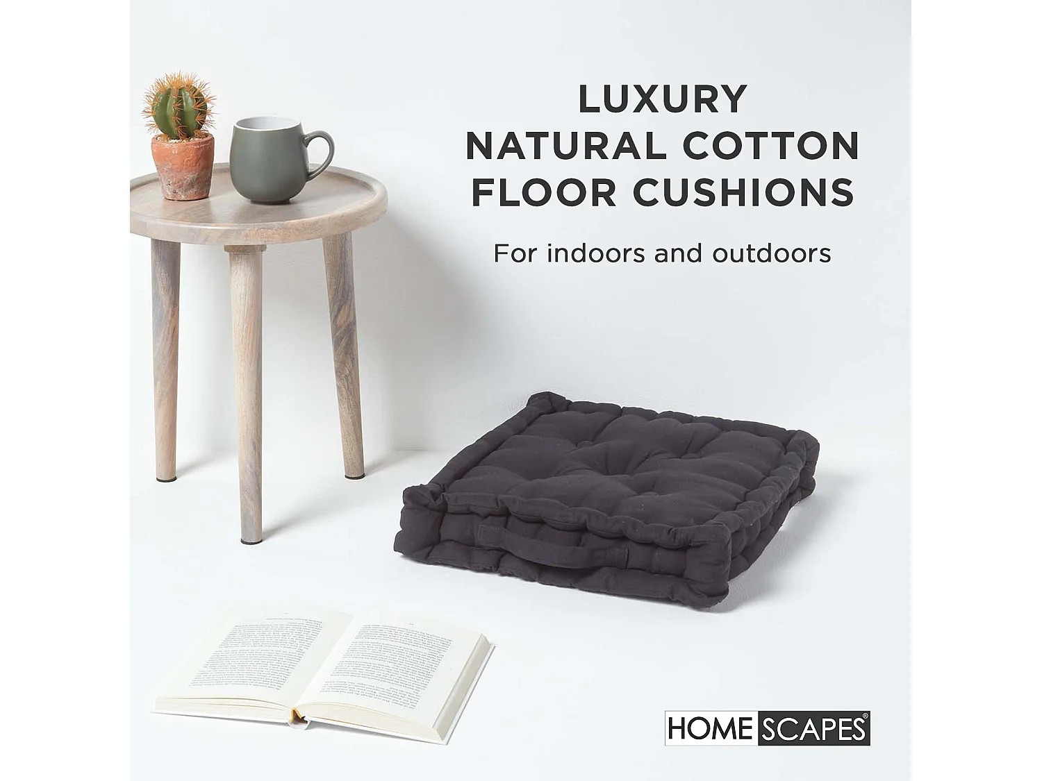 Homescapes 100% Cotton Plain Floor Cushion, 50 x 50 x 10 cm, Black, OEKO-TEX Certified, Handcrafted, 20 x 20 x 4"