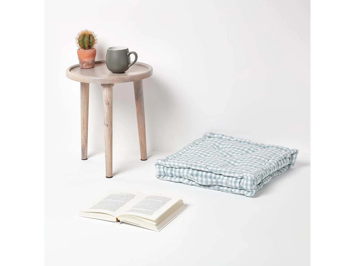 Homescapes 100% Cotton Gingham Floor Cushion, 50 x 50 x 10 cm, Blue, Block Check, OEKO-TEX Certified, Handcrafted, 20 x 20 x 4"