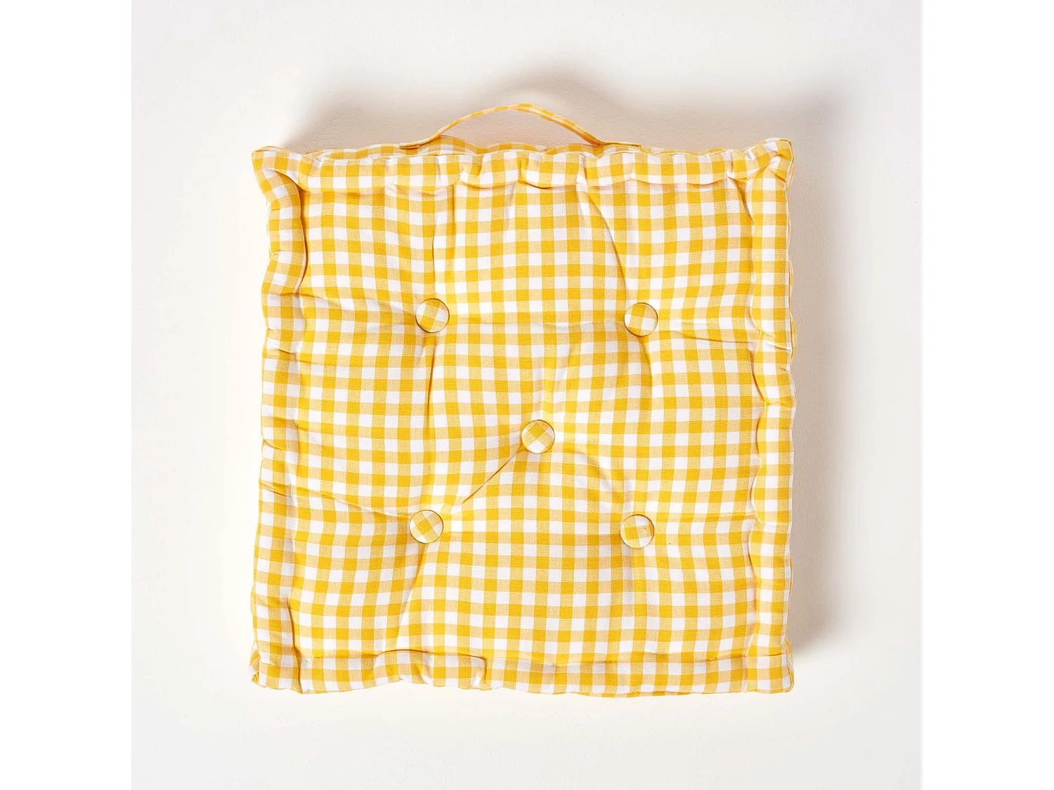 Homescapes 100% Cotton Gingham Floor Cushion, 40 x 40 x 8 cm, Yellow, Block Check, OEKO-TEX Certified, Handcrafted, 16 x 16 x 3"