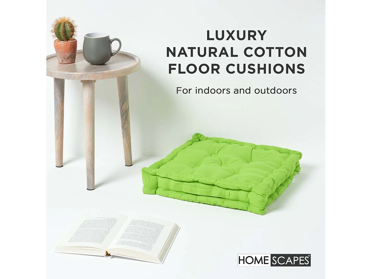 Homescapes 100% Cotton Plain Floor Cushion, 50 x 50 x 10 cm, Green, OEKO-TEX Certified, Handcrafted, 20 x 20 x 4"