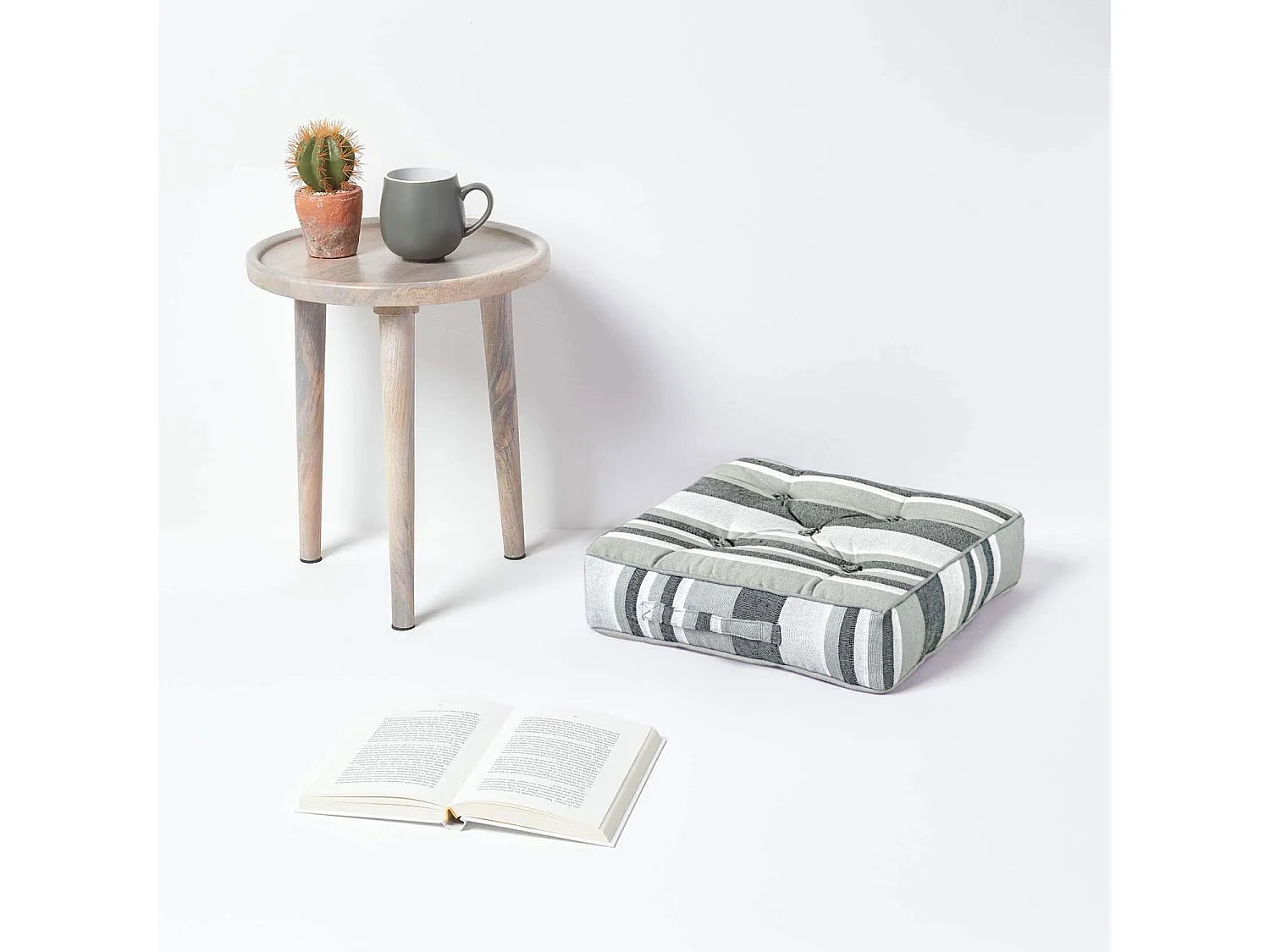 Homescapes 100% Cotton Morocco Floor Cushion, 40 x 40 x 8 cm, Monochrome, Stripe, OEKO-TEX Certified, Handcrafted, 16 x 16 x 3"