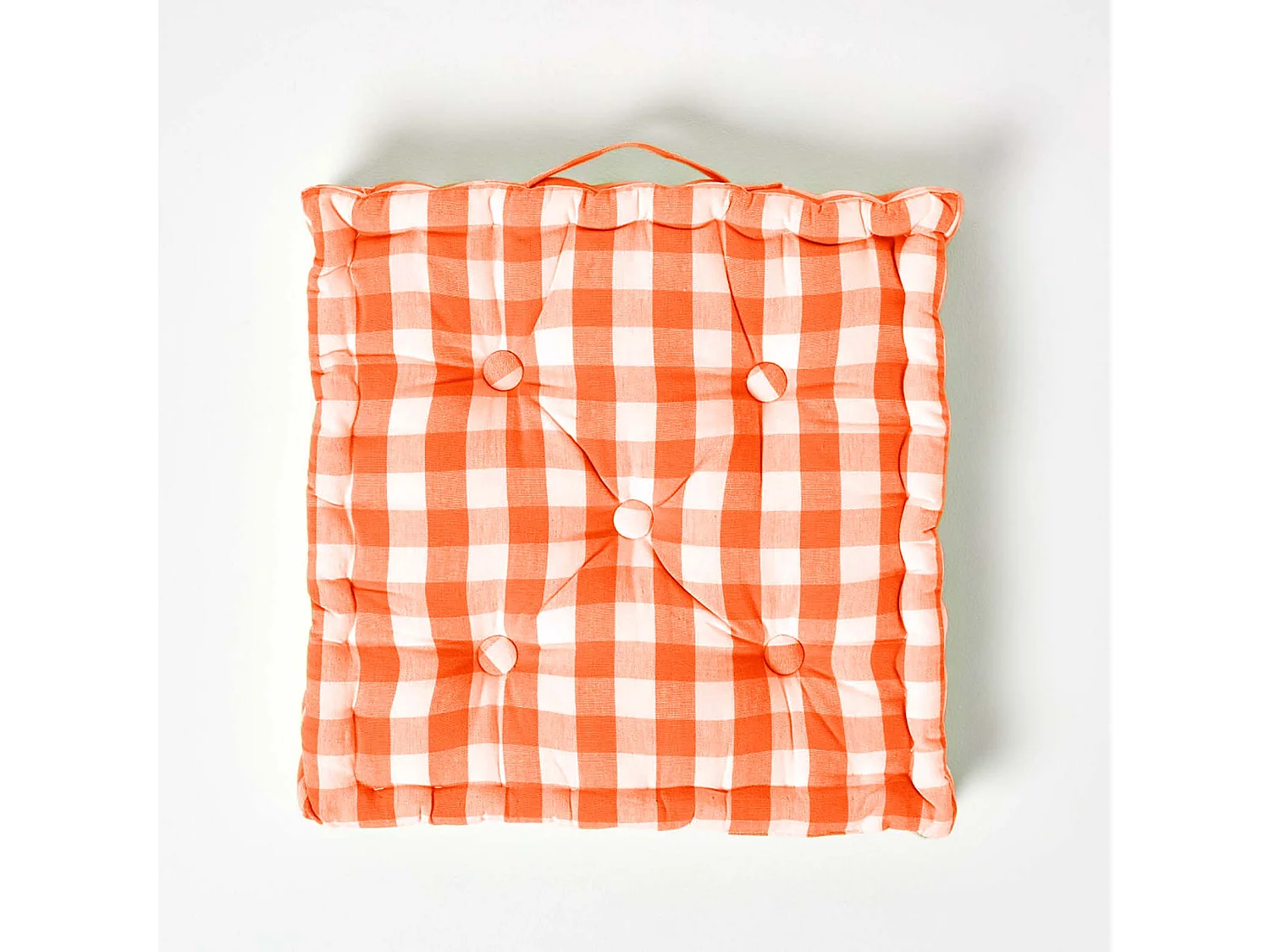 Homescapes 100% Cotton Gingham Floor Cushion, 50 x 50 x 10 cm, Orange, Block Check, OEKO-TEX Certified, Handcrafted, 20 x 20 x 4"