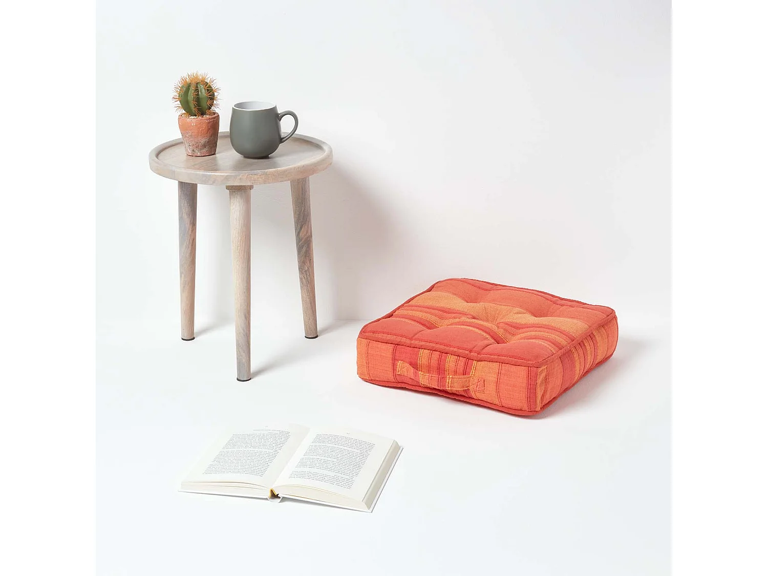 Homescapes 100% Cotton Morocco Floor Cushion, 40 x 40 x 8 cm, Orange, Stripe, OEKO-TEX Certified, Handcrafted, 16 x 16 x 3"