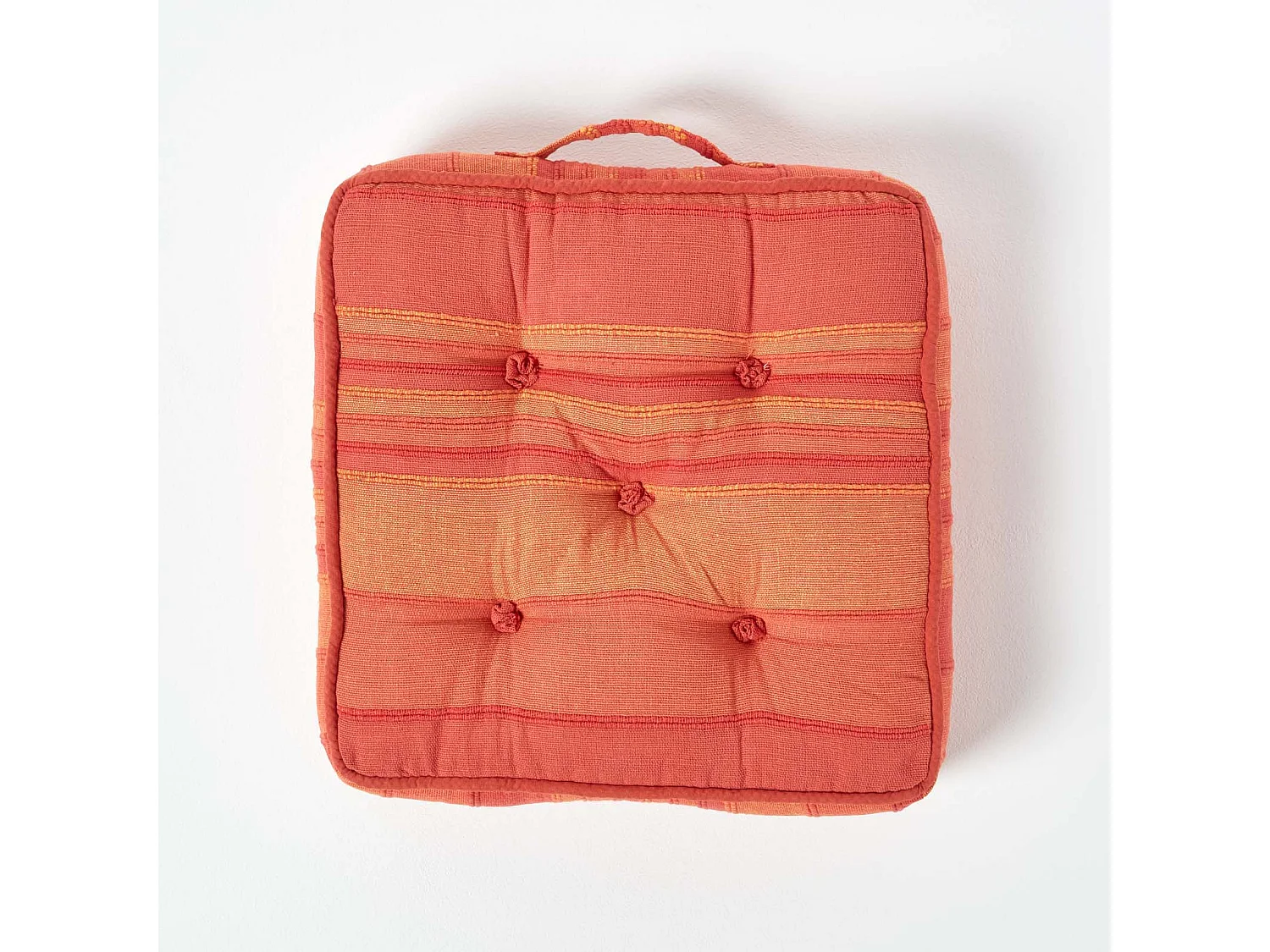 Homescapes 100% Cotton Morocco Floor Cushion, 40 x 40 x 8 cm, Orange, Stripe, OEKO-TEX Certified, Handcrafted, 16 x 16 x 3"