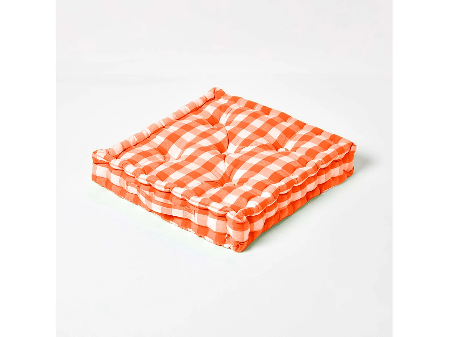 Homescapes 100% Cotton Gingham Floor Cushion, 40 x 40 x 8 cm, Orange, Block Check, OEKO-TEX Certified, Handcrafted, 16 x 16 x 3"