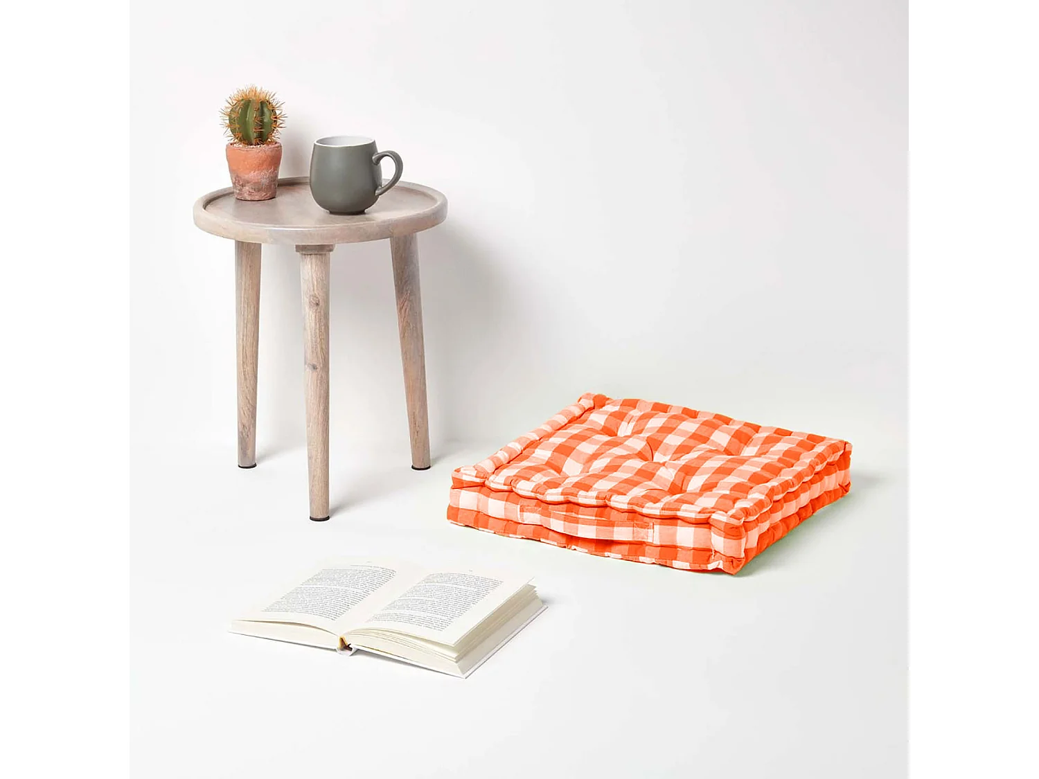 Homescapes 100% Cotton Gingham Floor Cushion, 40 x 40 x 8 cm, Orange, Block Check, OEKO-TEX Certified, Handcrafted, 16 x 16 x 3"