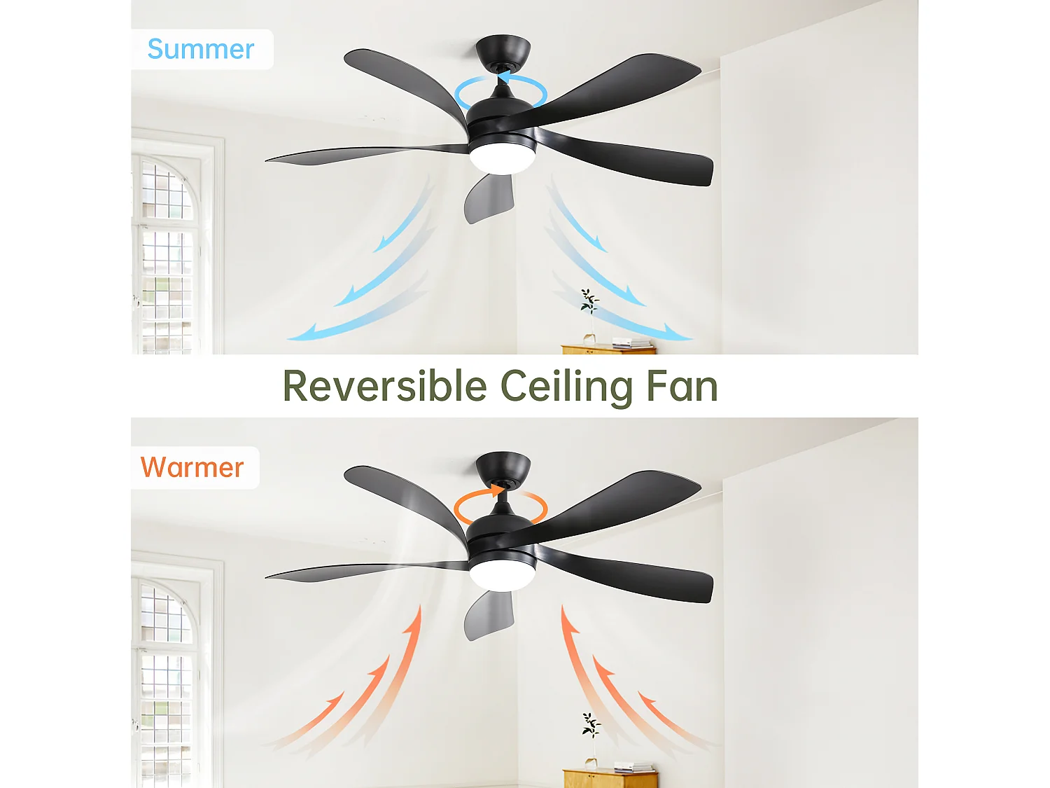 Ventilateur de Plafond avec Lumière LED 132cm, 52" - Moteur DC Ultra-Silencieux, 3 Couleurs d'Éclairage, Télécommande, Réversible, Minuterie - Noir