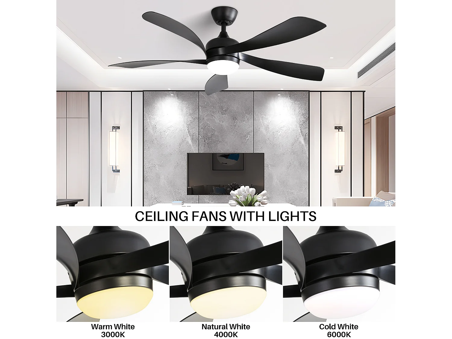 Ventilateur de Plafond avec Lumière LED 132cm, 52" - Moteur DC Ultra-Silencieux, 3 Couleurs d'Éclairage, Télécommande, Réversible, Minuterie - Noir