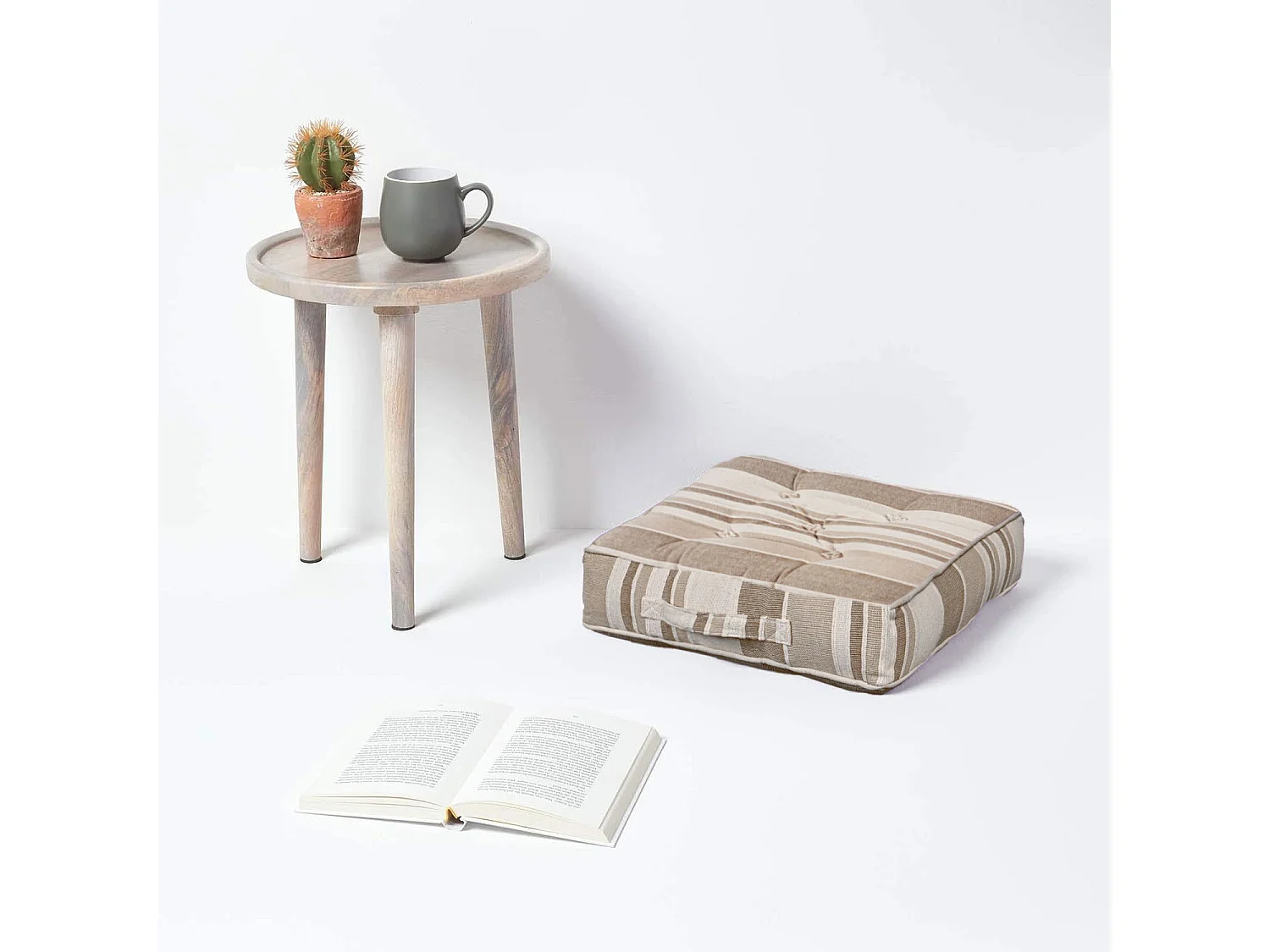 Homescapes 100% Cotton Morocco Floor Cushion, 40 x 40 x 8 cm, Beige, Stripe, OEKO-TEX Certified, Handcrafted, 16 x 16 x 3"