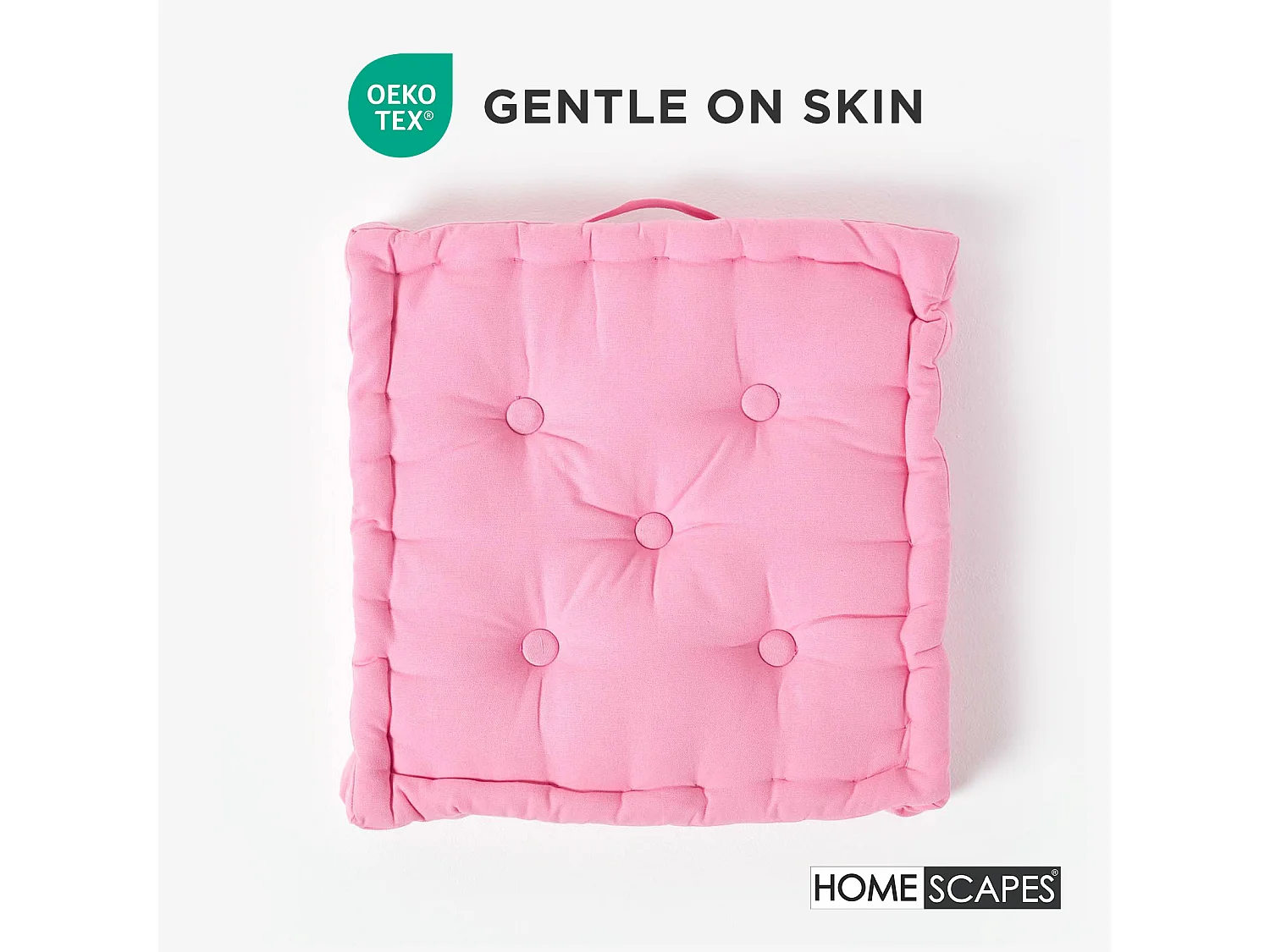 Homescapes 100% Cotton Plain Floor Cushion, 40 x 40 x 8 cm, Pink, OEKO-TEX Certified, Handcrafted, 16 x 16 x 3"