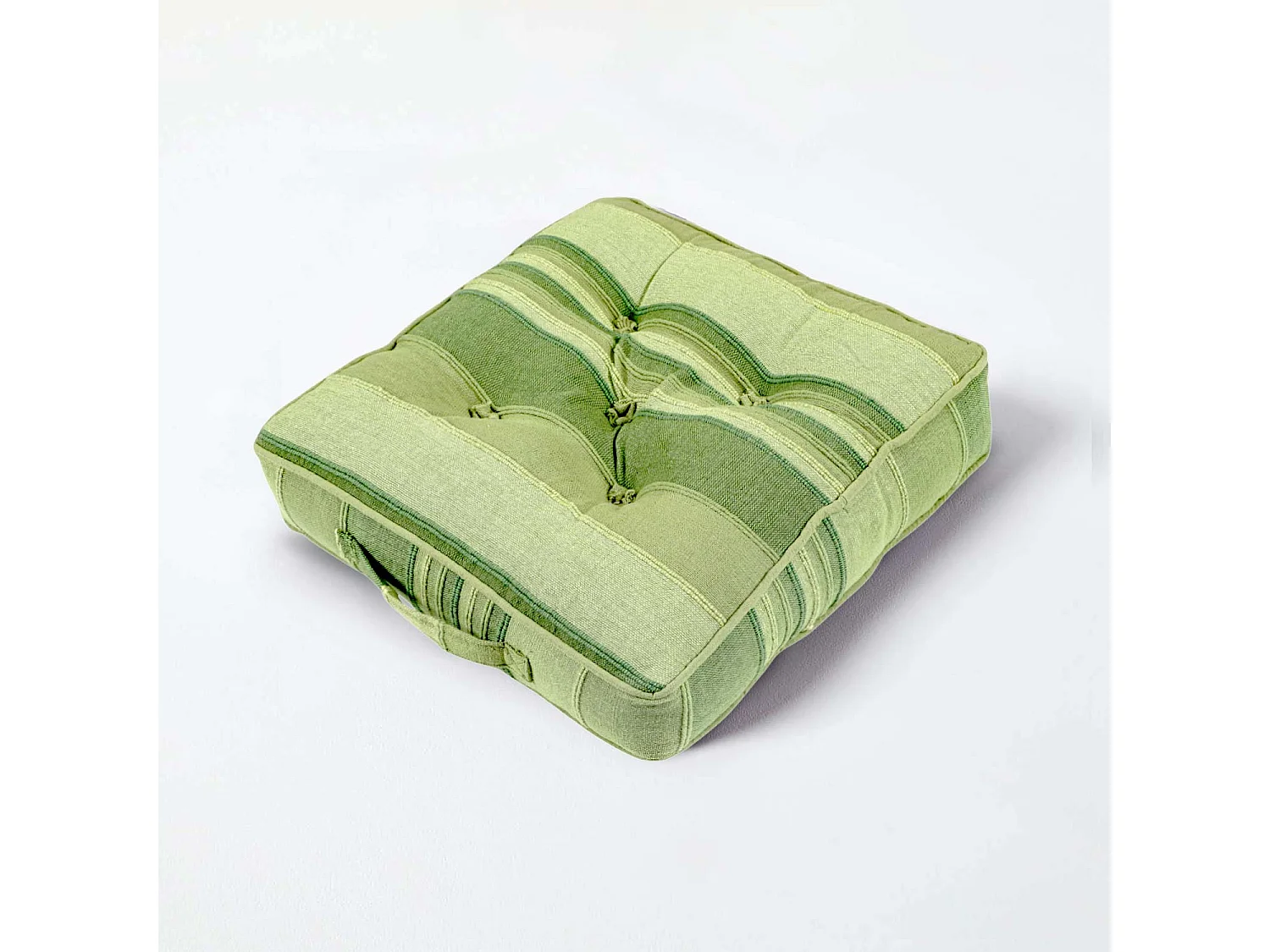Homescapes 100% Cotton Morocco Floor Cushion, 40 x 40 x 8 cm, Green, Stripe, OEKO-TEX Certified, Handcrafted, 16 x 16 x 3"