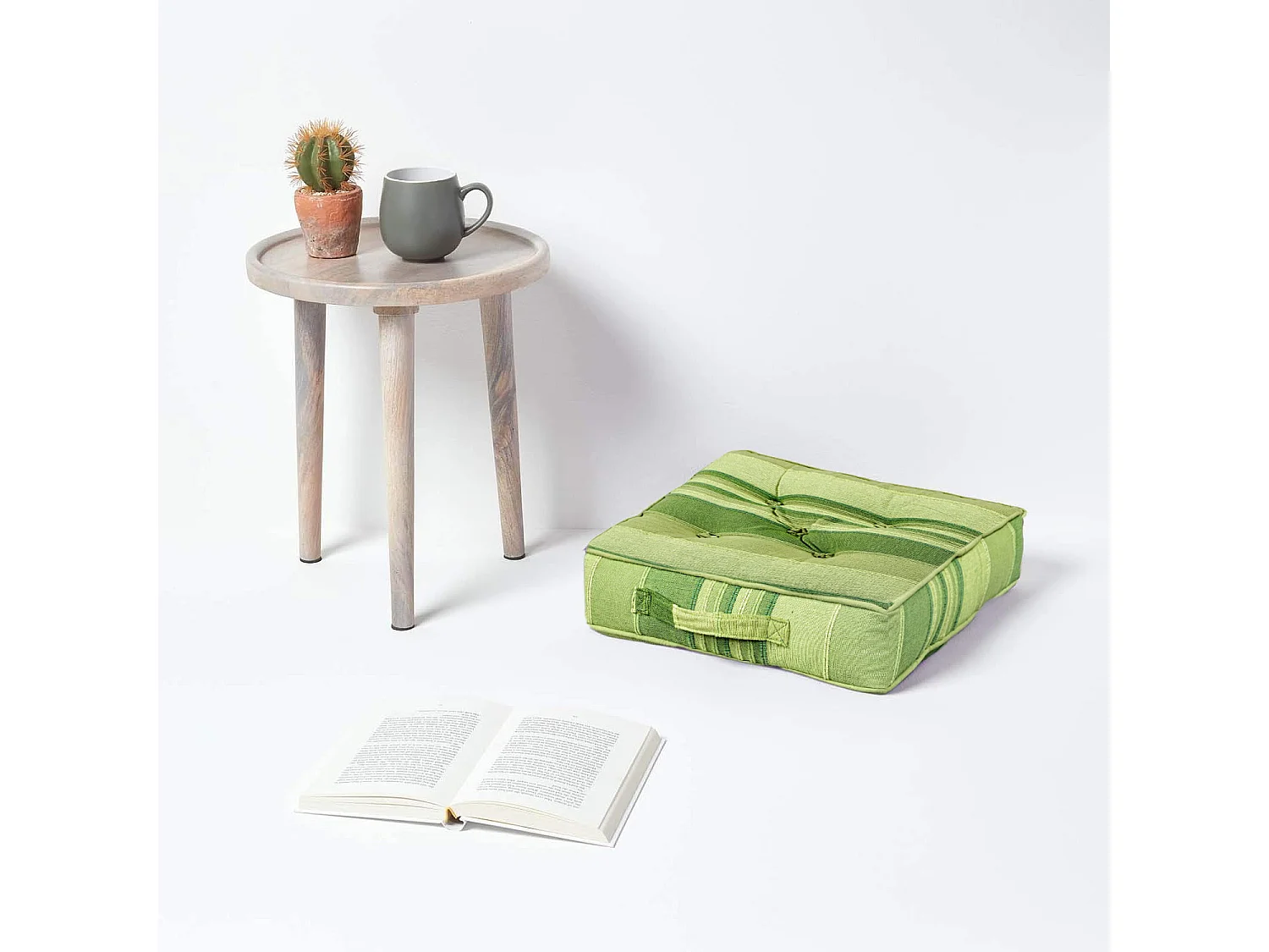 Homescapes 100% Cotton Morocco Floor Cushion, 40 x 40 x 8 cm, Green, Stripe, OEKO-TEX Certified, Handcrafted, 16 x 16 x 3"