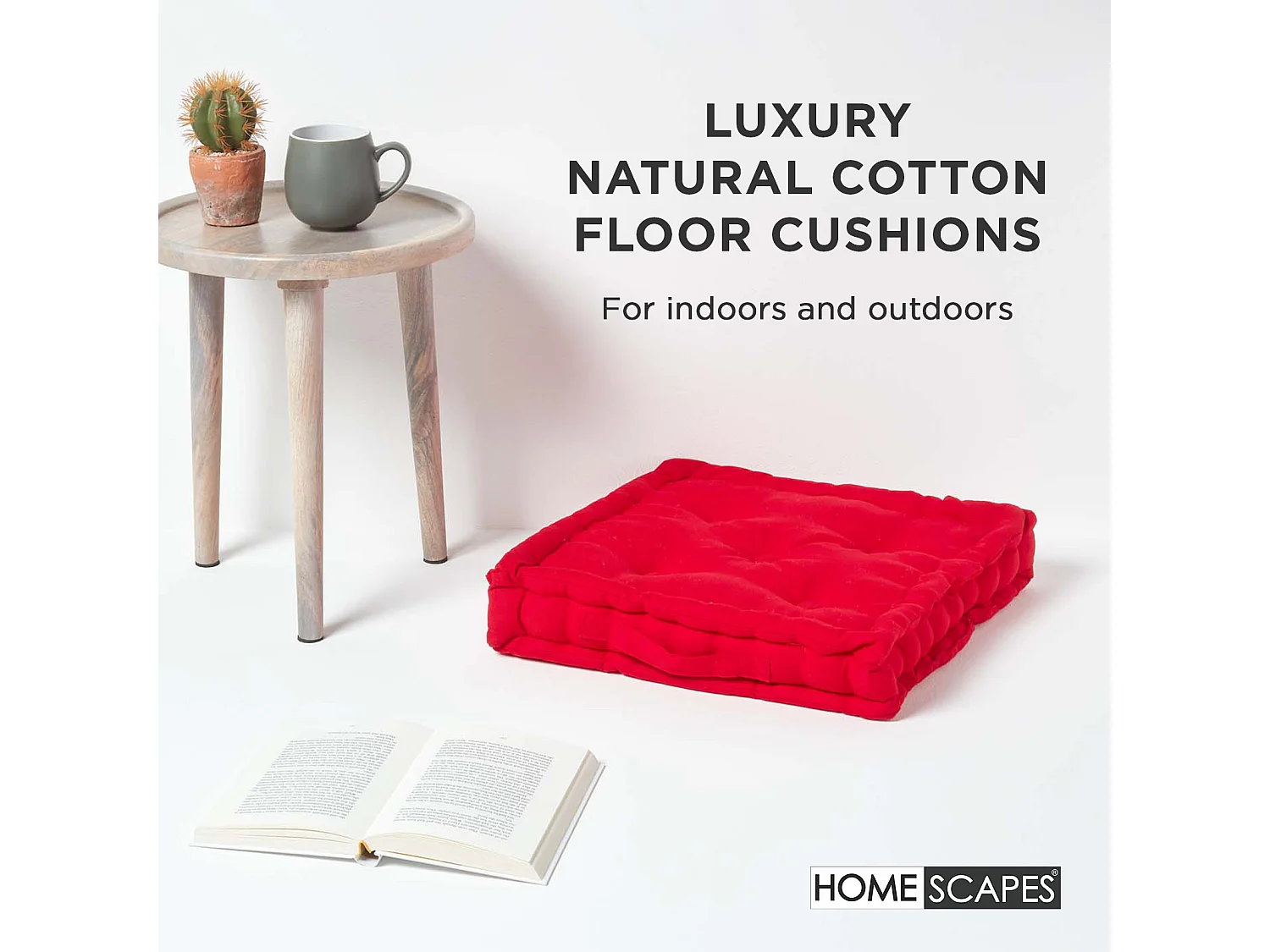 Homescapes 100% Cotton Plain Floor Cushion, 50 x 50 x 10 cm, Red, OEKO-TEX Certified, Handcrafted, 20 x 20 x 4"