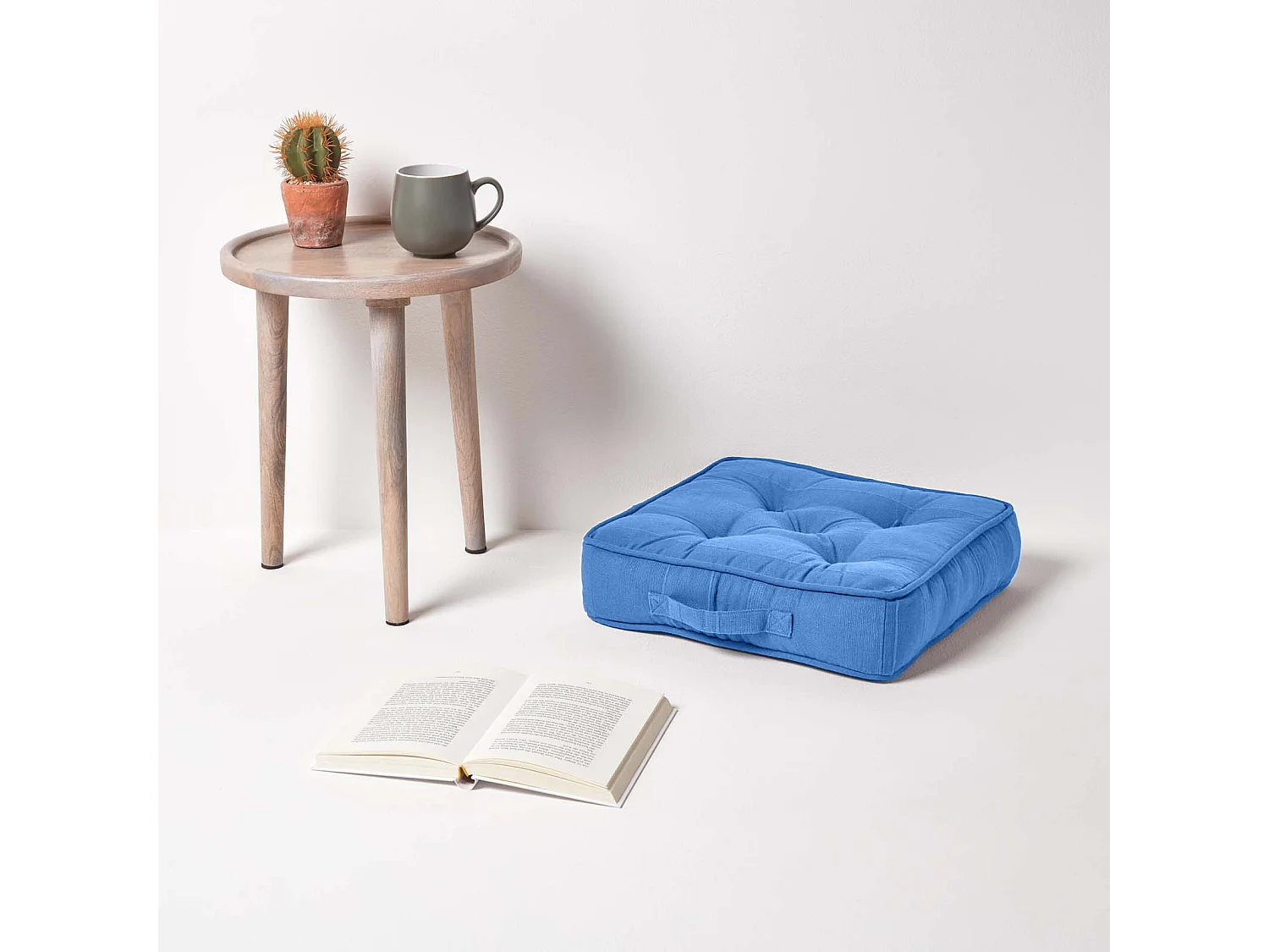 Homescapes 100% Cotton Rajput Floor Cushion, 40 x 40 x 8 cm, Blue, OEKO-TEX Certified, Handcrafted, 16 x 16 x 3"