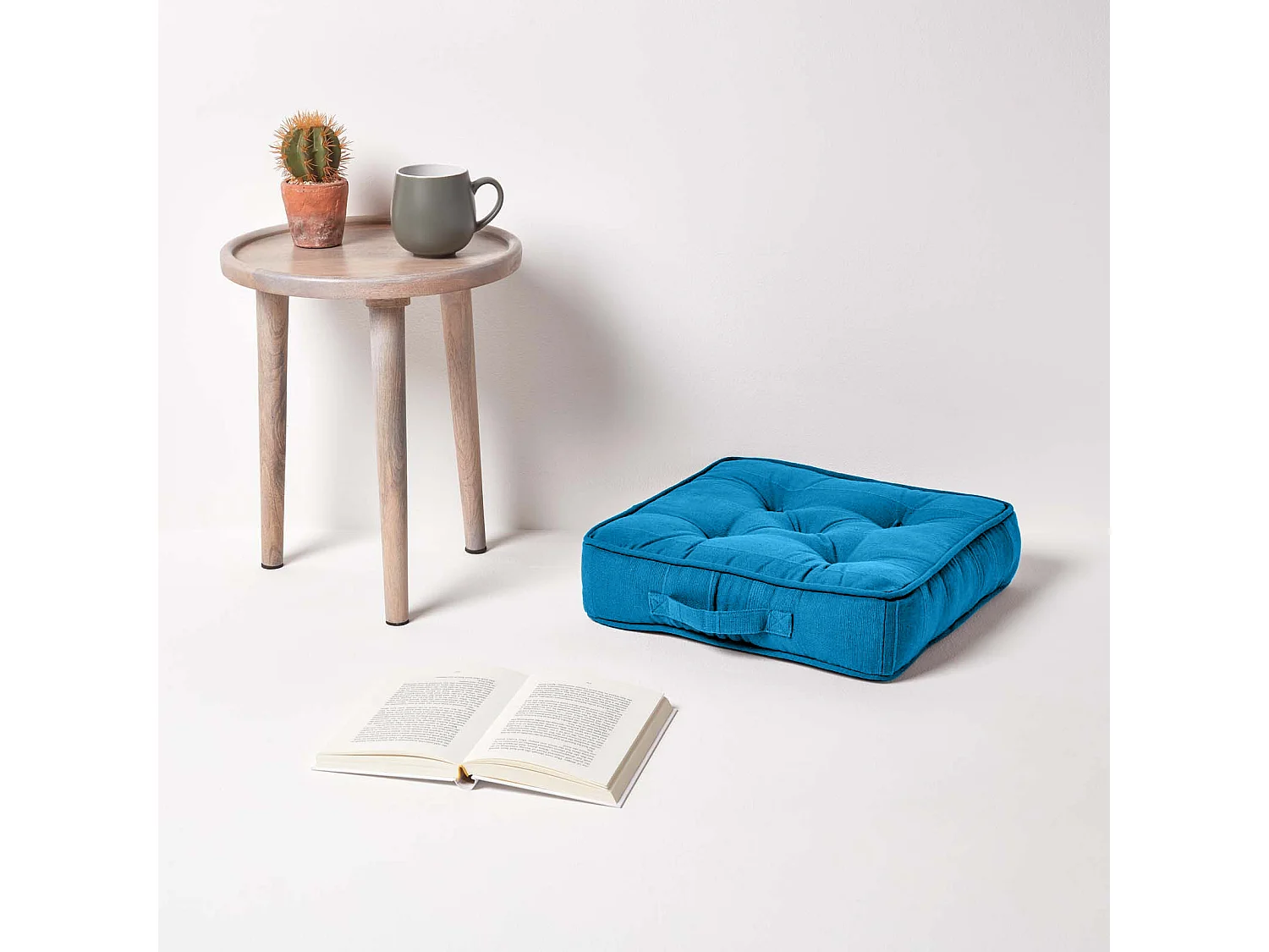 Homescapes 100% Cotton Rajput Floor Cushion, 40 x 40 x 8 cm, Teal Blue, OEKO-TEX Certified, Handcrafted, 16 x 16 x 3"