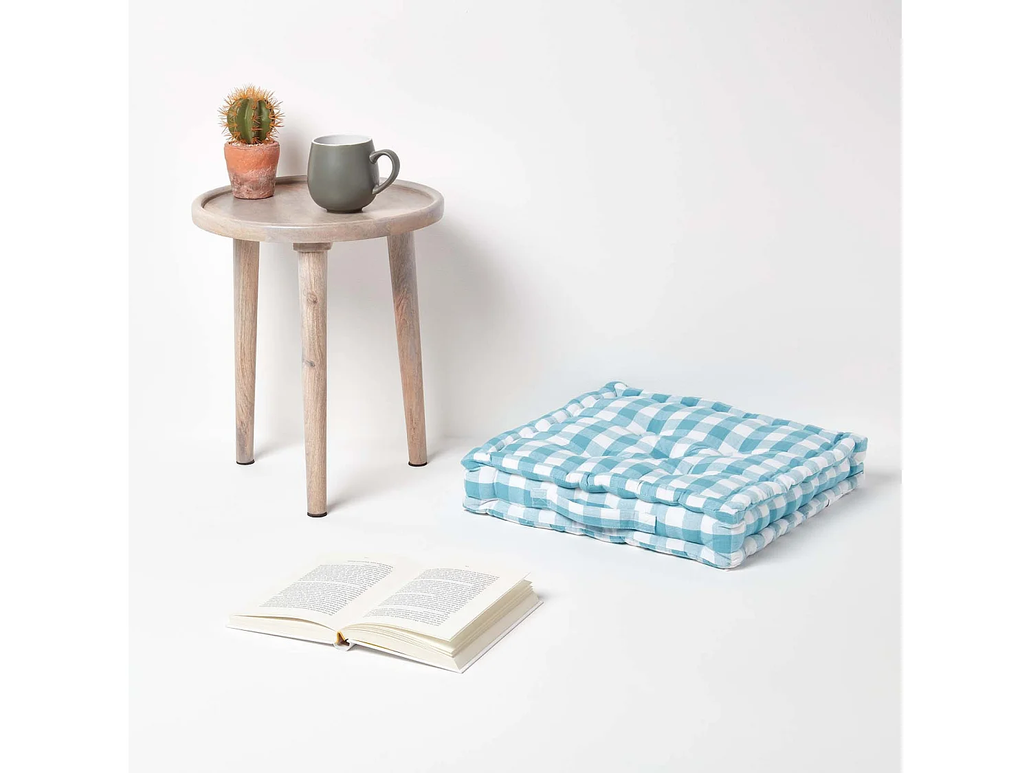 Homescapes 100% Cotton Gingham Floor Cushion, 50 x 50 x 10 cm, Blue, Block Check, OEKO-TEX Certified, Handcrafted, 20 x 20 x 4"