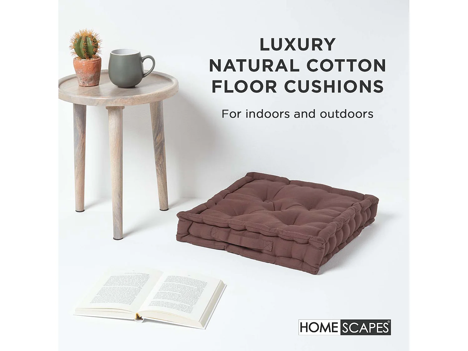 Homescapes 100% Cotton Plain Floor Cushion, 40 x 40 x 8 cm, Chocolate Brown, OEKO-TEX Certified, Handcrafted, 16 x 16 x 3"