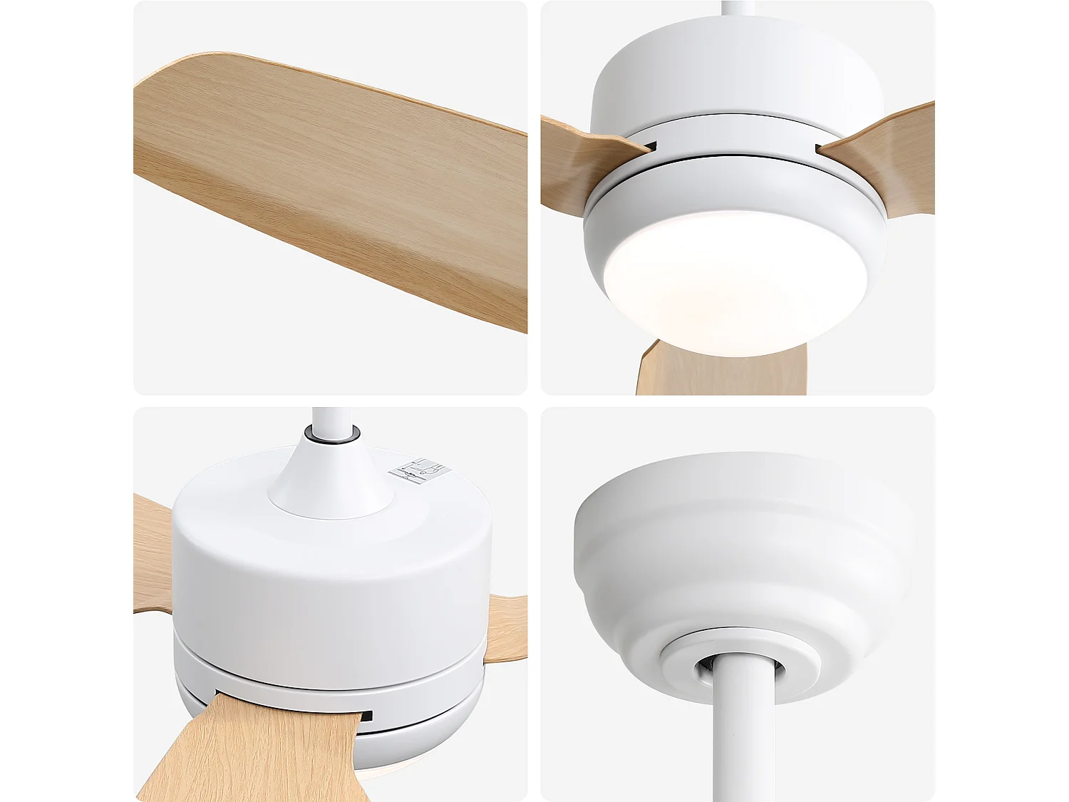 Ventilateur de Plafond avec Lumière LED 117cm, 46" - Moteur DC Ultra-Silencieux, 3 Pales ABS Effet Bois, 2 Tiges, Télécommande, Réversible - Blanc