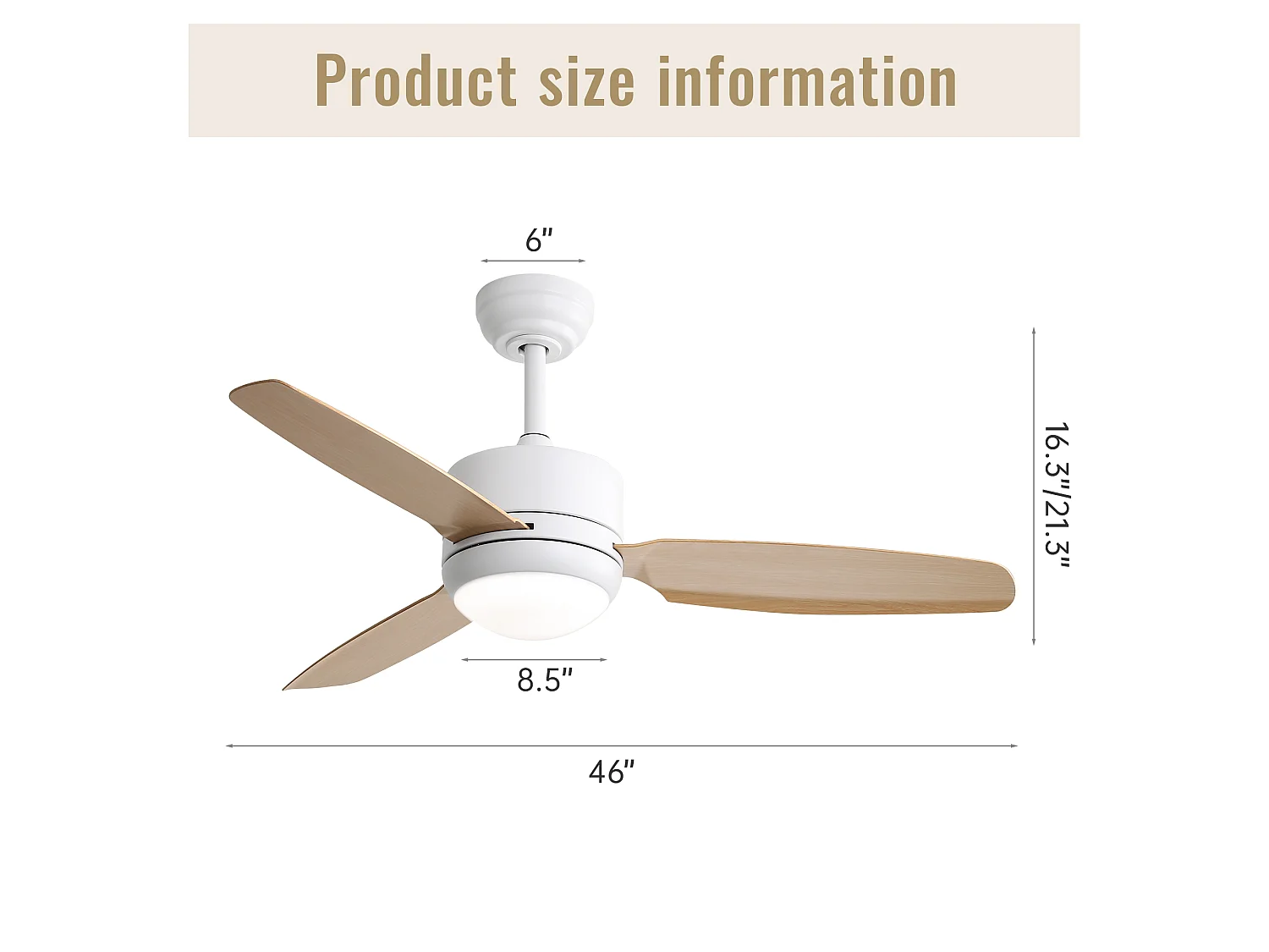 Ventilateur de Plafond avec Lumière LED 117cm, 46" - Moteur DC Ultra-Silencieux, 3 Pales ABS Effet Bois, 2 Tiges, Télécommande, Réversible - Blanc