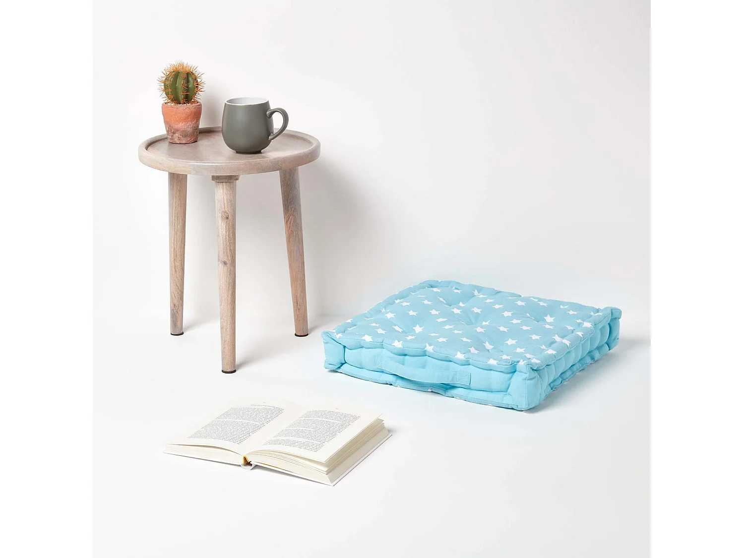 Homescapes 100% Cotton Stars Floor Cushion, 50 x 50 x 10 cm, Blue, OEKO-TEX Certified, Handcrafted, 20 x 20 x 4"
