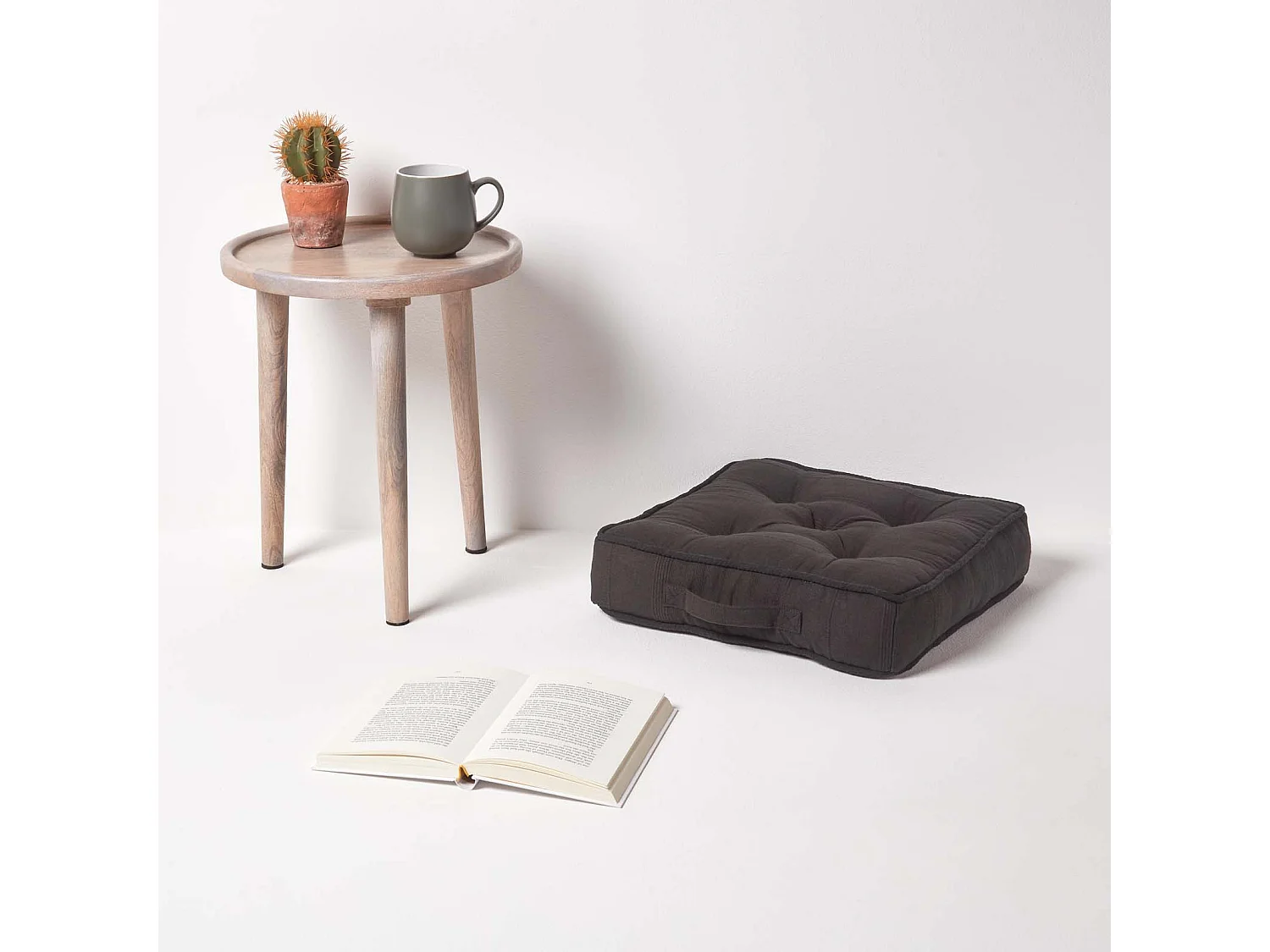 Homescapes 100% Cotton Rajput Floor Cushion, 40 x 40 x 8 cm, Black, OEKO-TEX Certified, Handcrafted, 16 x 16 x 3"