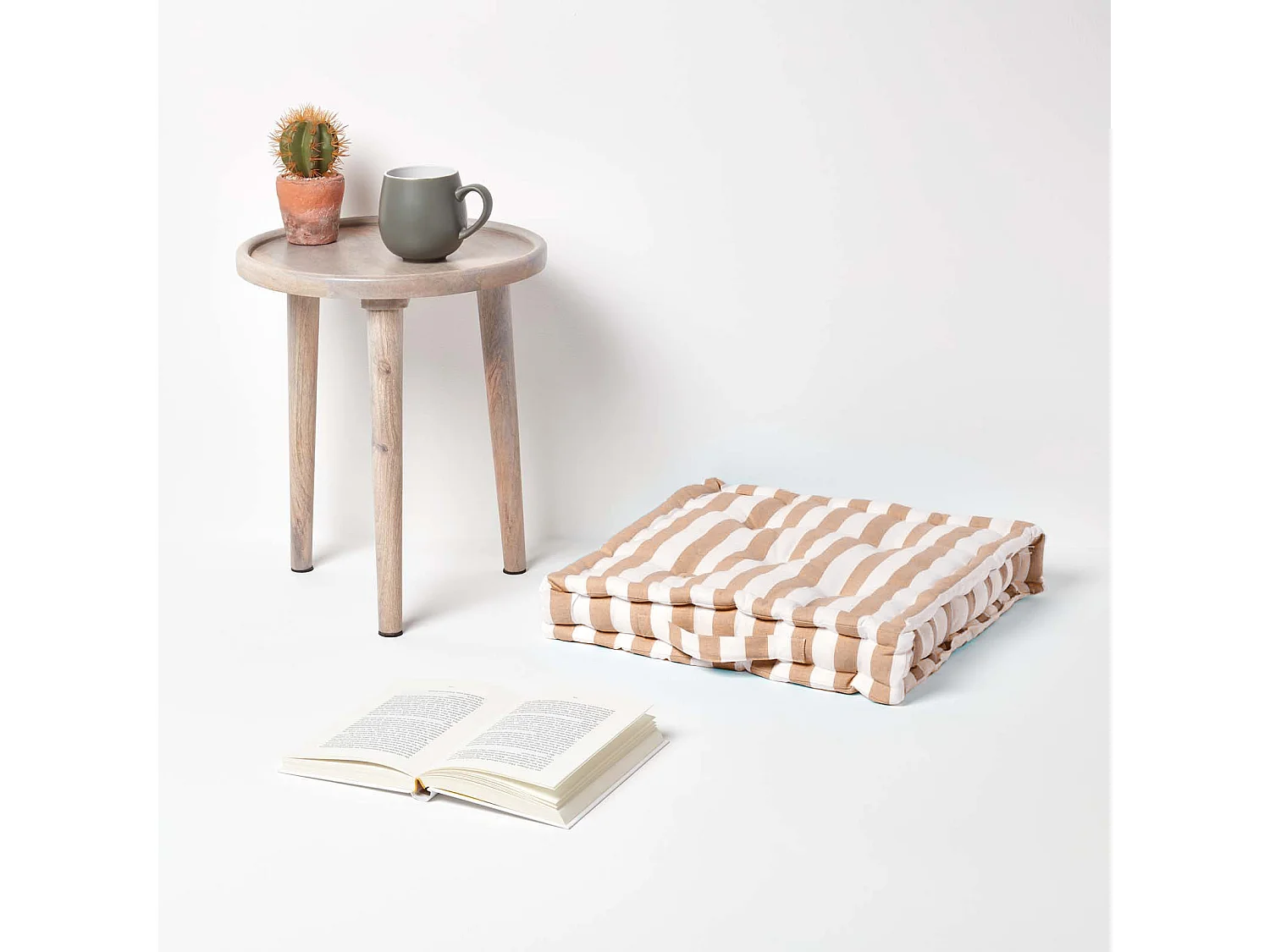 Homescapes 100% Cotton Stripe Floor Cushion, 40 x 40 x 8 cm, Beige, OEKO-TEX Certified, Handcrafted, 16 x 16 x 3"