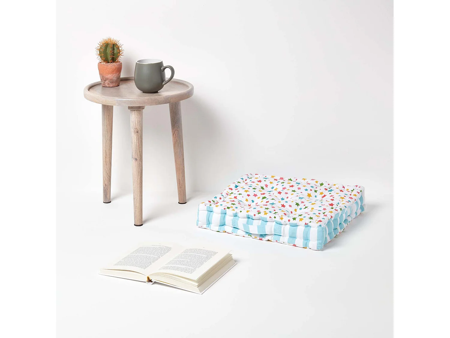 Homescapes 100% Cotton Stars Floor Cushion, 40 x 40 x 8 cm, Multi Colour, OEKO-TEX Certified, Handcrafted, 16 x 16 x 3"