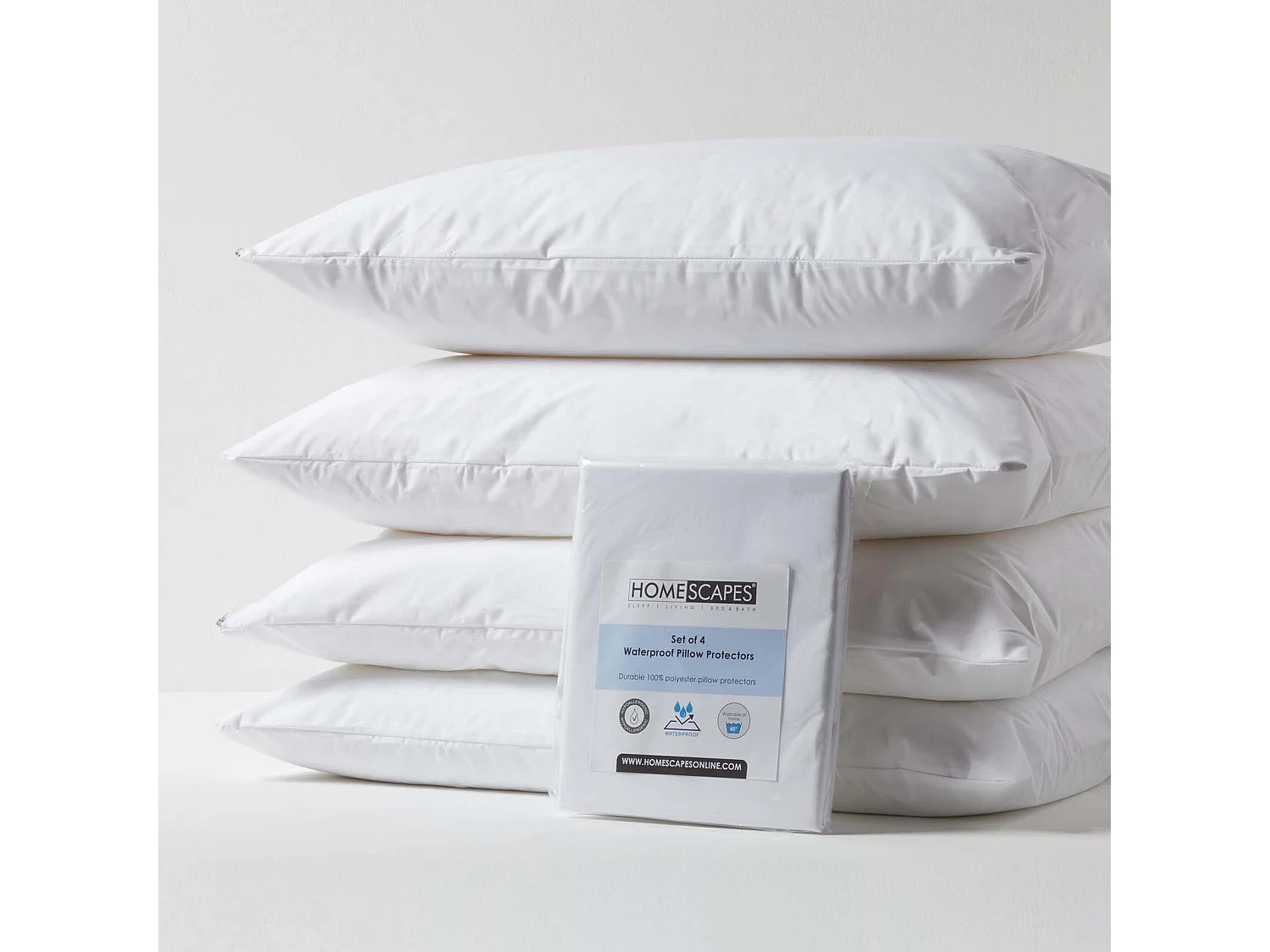 Homescapes Waterproof Pillow Protectors Standard Size, Pack of 4