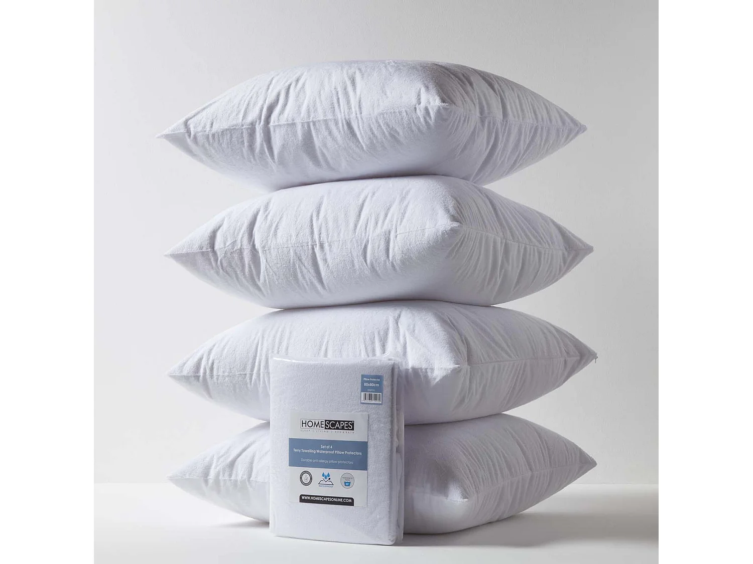 Homescapes Terry Towelling Waterproof Pillow Protectors 80 x 80 cm, Pack of 4