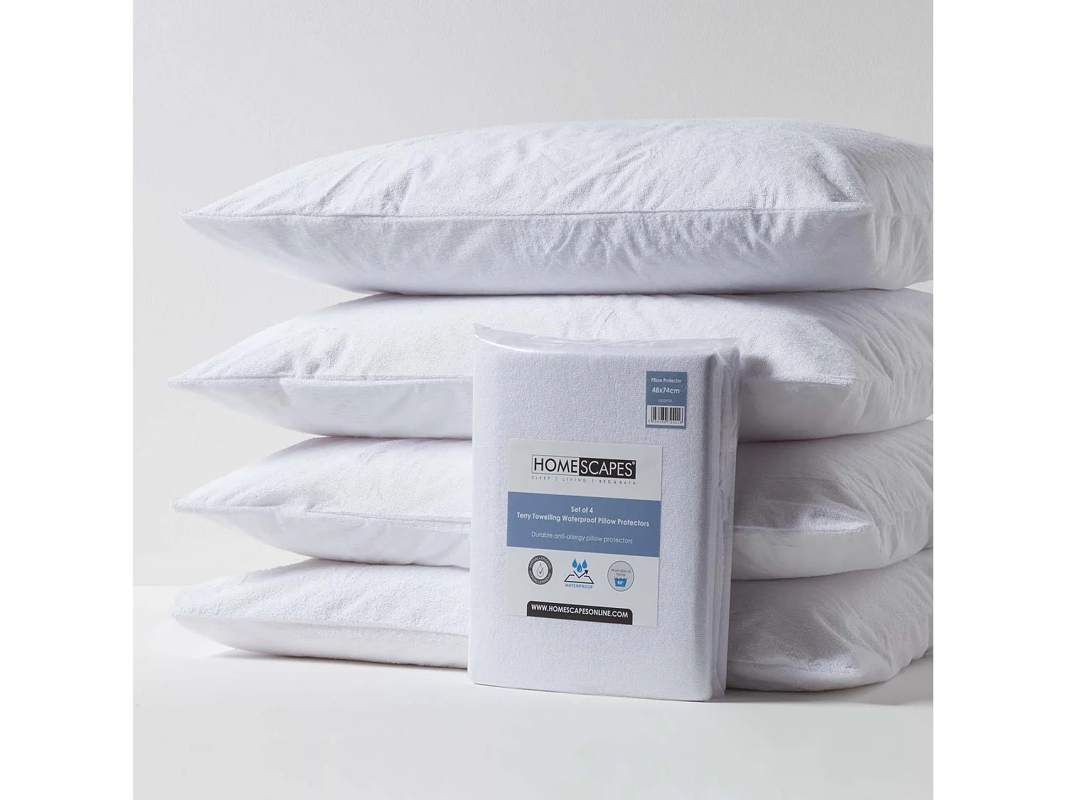 Homescapes Terry Towelling Waterproof Pillow Protectors Standard Size, Pack of 4