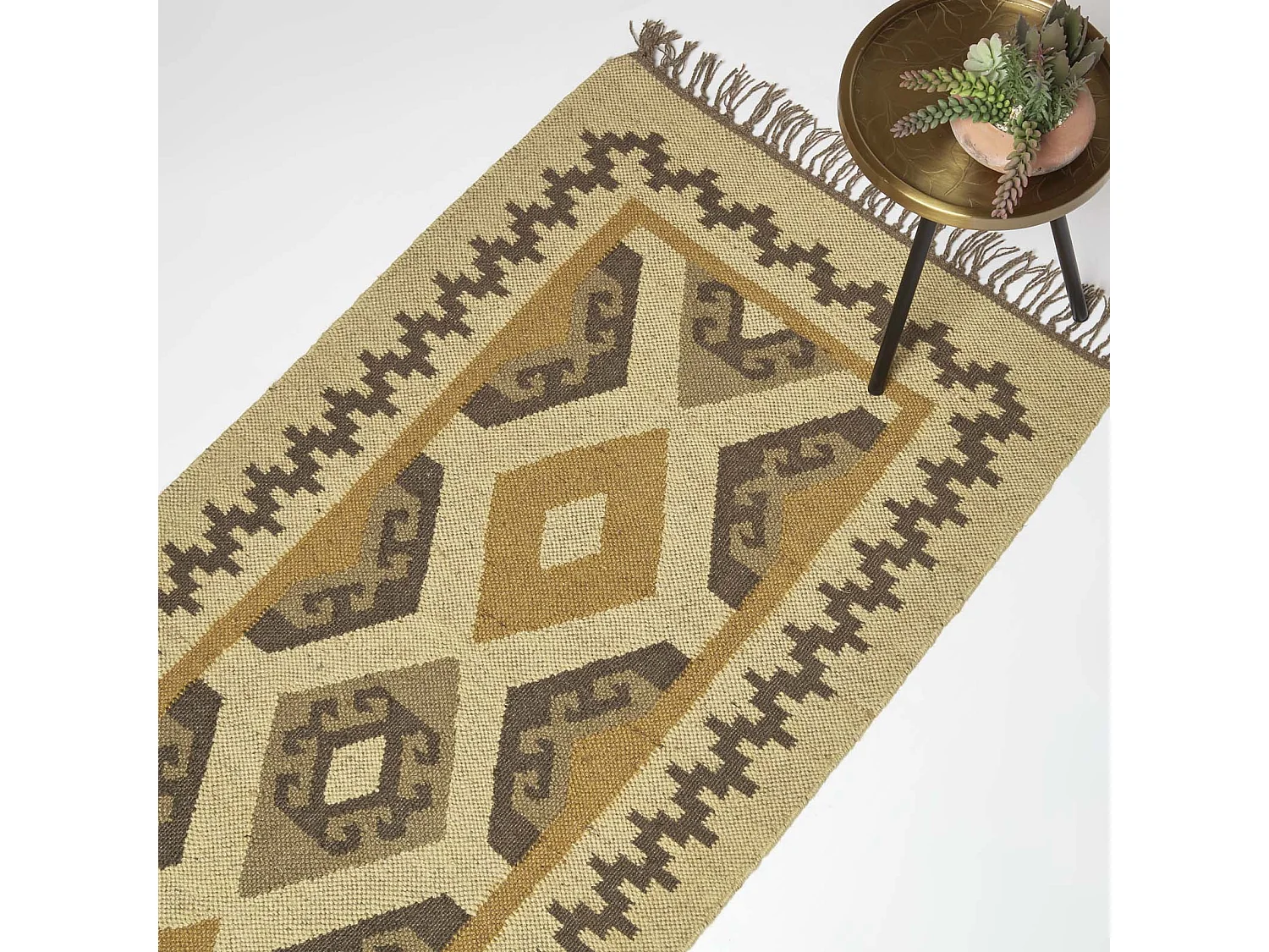 Homescapes Ravar Brown & Gold Kilim Runner Wool Rug 66 x 200 cm