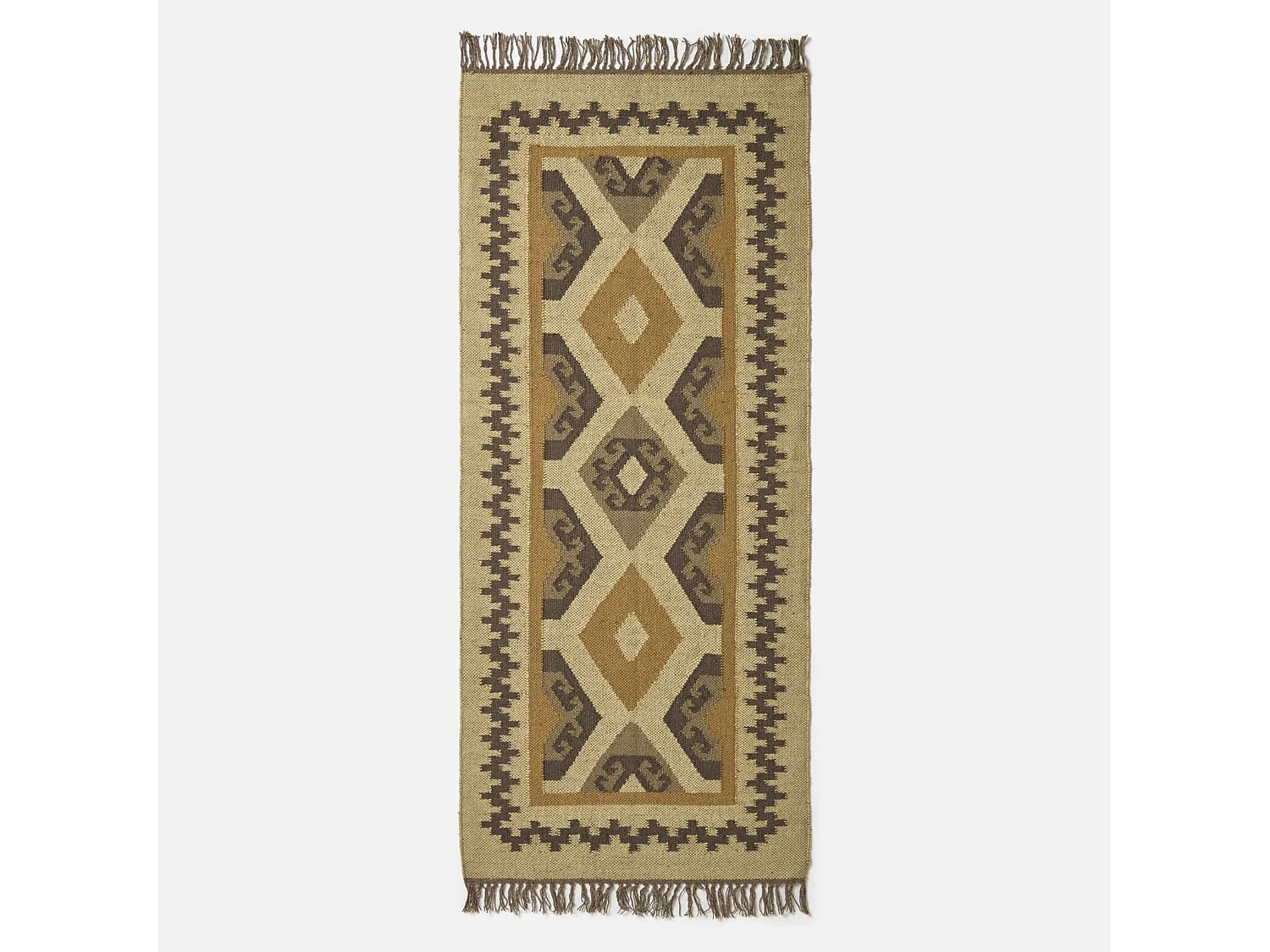 Homescapes Ravar Brown & Gold Kilim Runner Wool Rug 66 x 200 cm