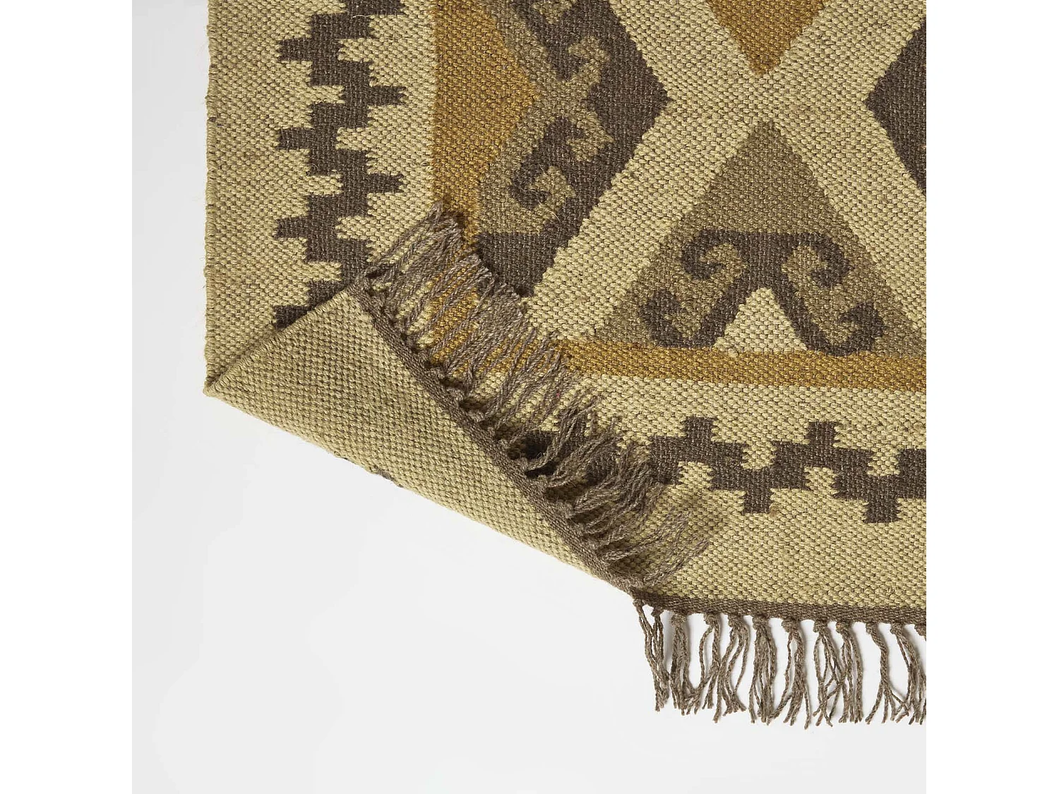 Homescapes Ravar Brown & Gold Kilim Runner Wool Rug 66 x 200 cm