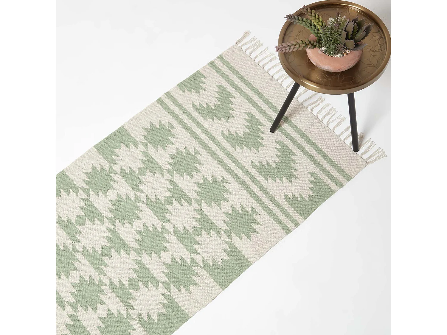 Homescapes Turin Green & Natural Kilim Cotton Hallway Runner Rug, 66 x 200 cm