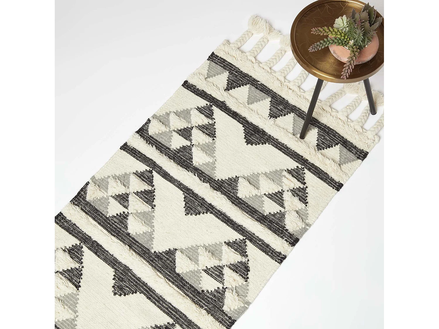 Homescapes Kota Black & Grey Kilim Runner Wool Rug 66 x 200 cm