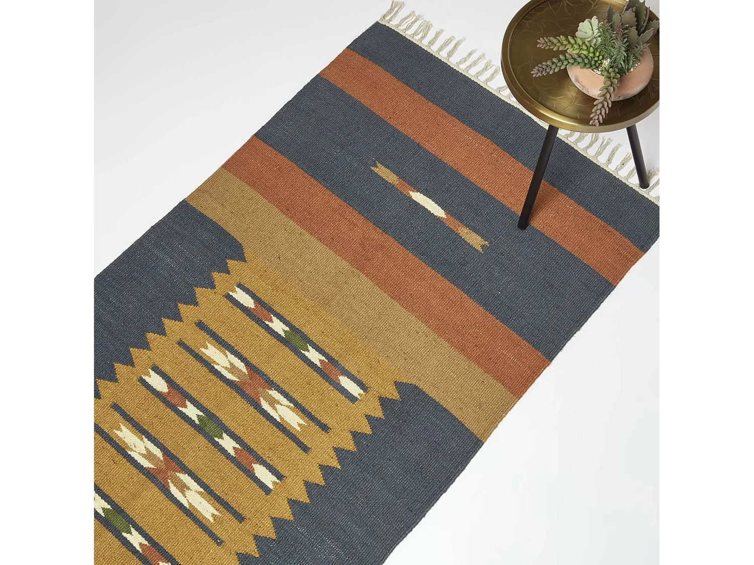 Homescapes Lundi Orange & Blue Kilim Runner Cotton & Jute Rug 66 x 200 cm