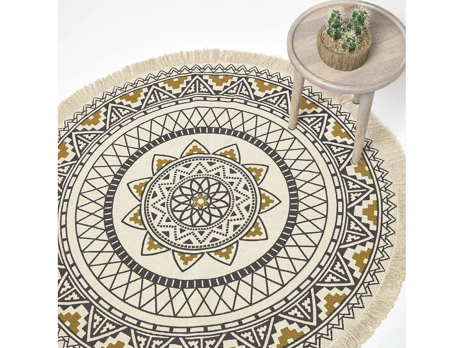 Homescapes Black & Gold 100% Cotton Mandala Printed Round Rug