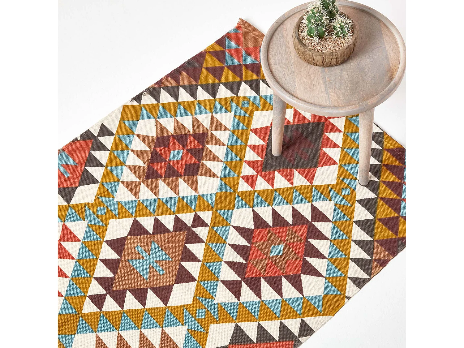 Homescapes Oslo Orange, Brown and Yellow Multi Coloured 100% Cotton Diamond Pattern Rug, 160 x 230 cm