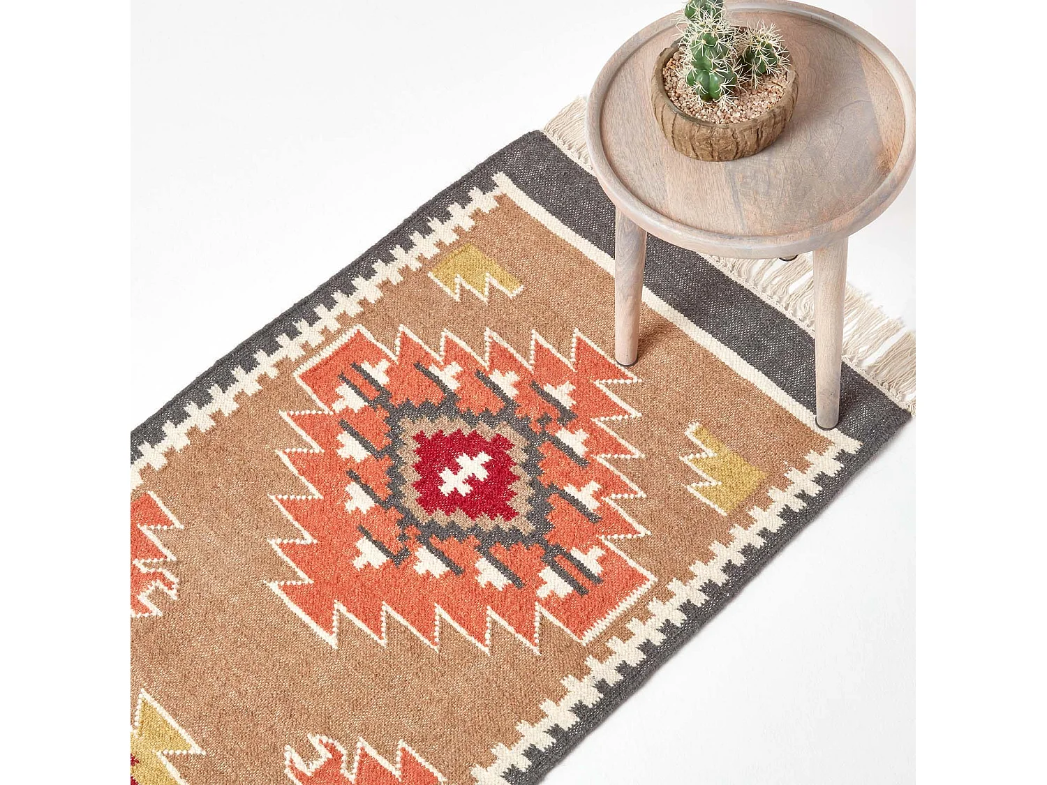 Homescapes Jaipur Handwoven Brown and Orange Patterned Kilim Wool Rug, 66 x 200 cm