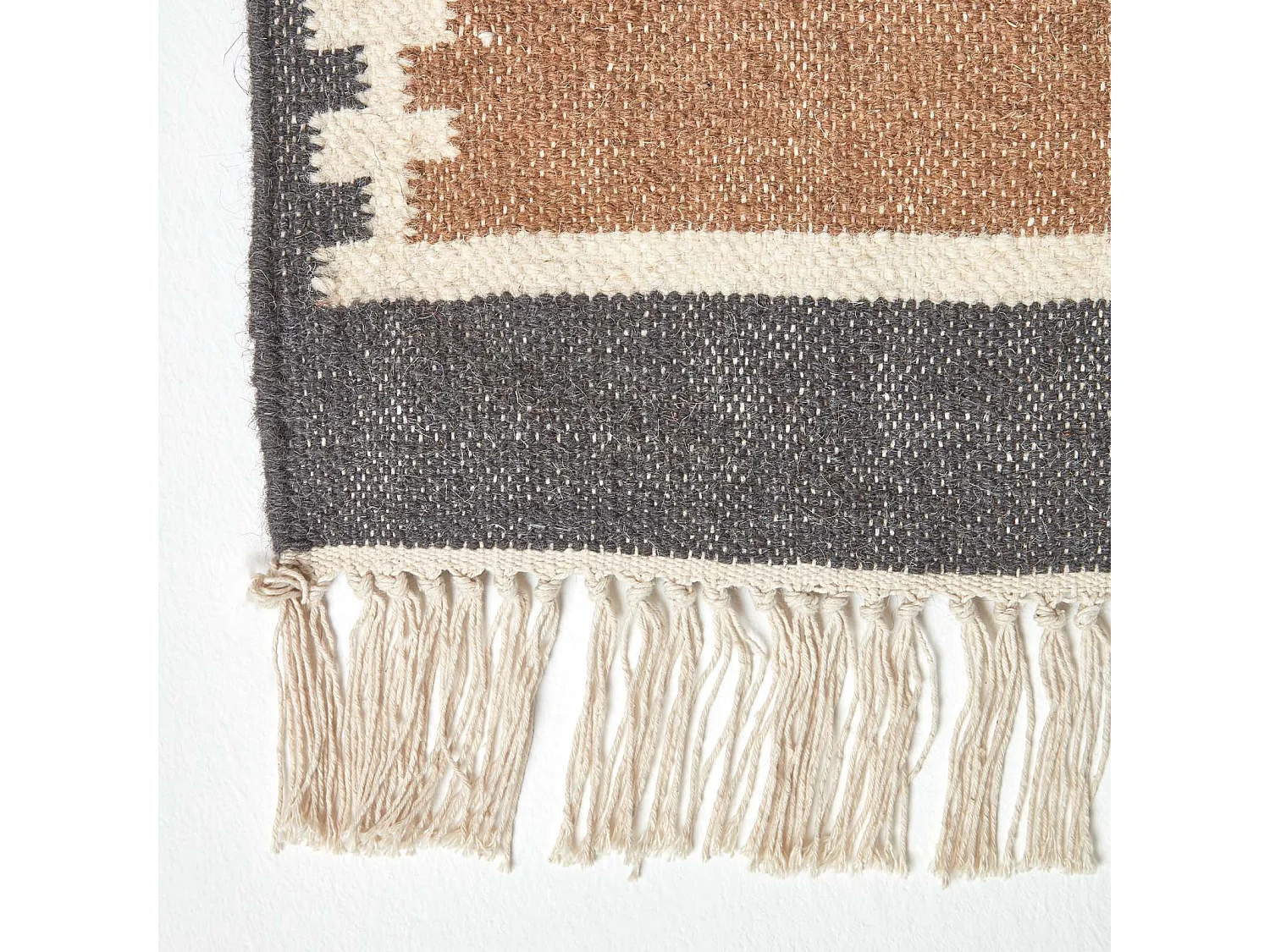 Homescapes Jaipur Handwoven Brown and Orange Patterned Kilim Wool Rug, 66 x 200 cm