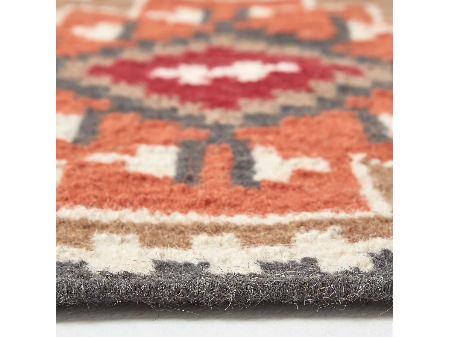 Homescapes Jaipur Handwoven Brown and Orange Patterned Kilim Wool Rug, 66 x 200 cm