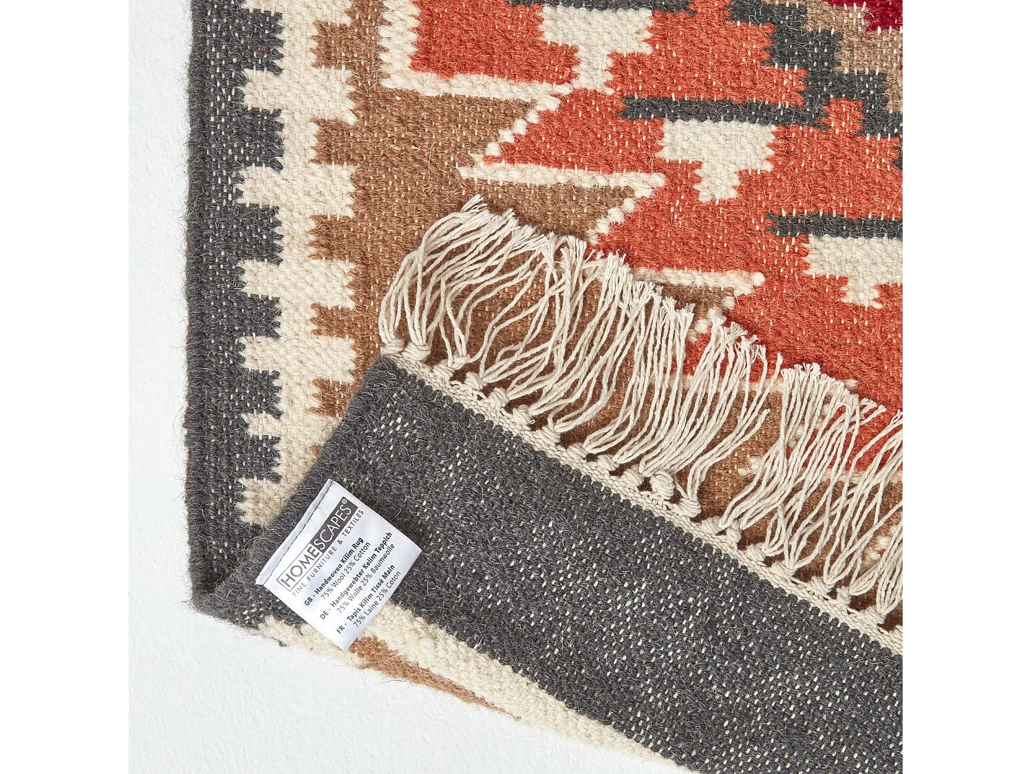 Homescapes Jaipur Handwoven Brown and Orange Patterned Kilim Wool Rug, 66 x 200 cm