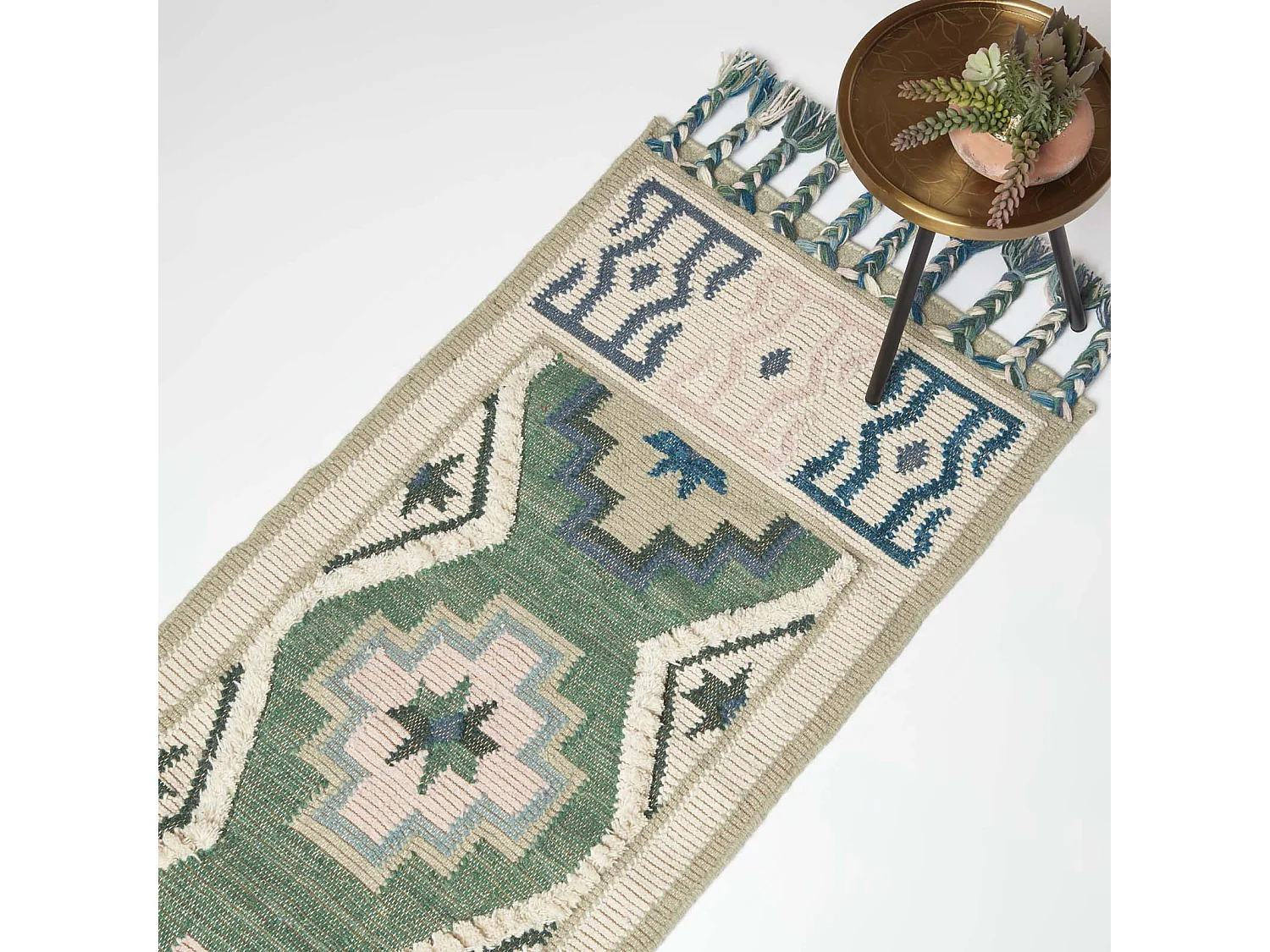 Homescapes Matala Green & Blue Kilim Runner Wool Rug 66 x 200 cm