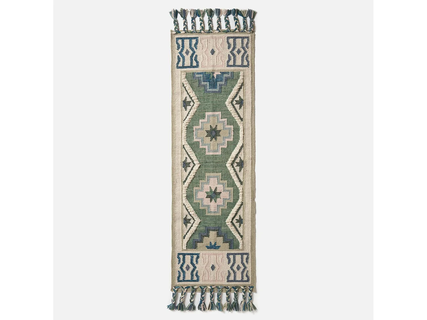 Homescapes Matala Green & Blue Kilim Runner Wool Rug 66 x 200 cm