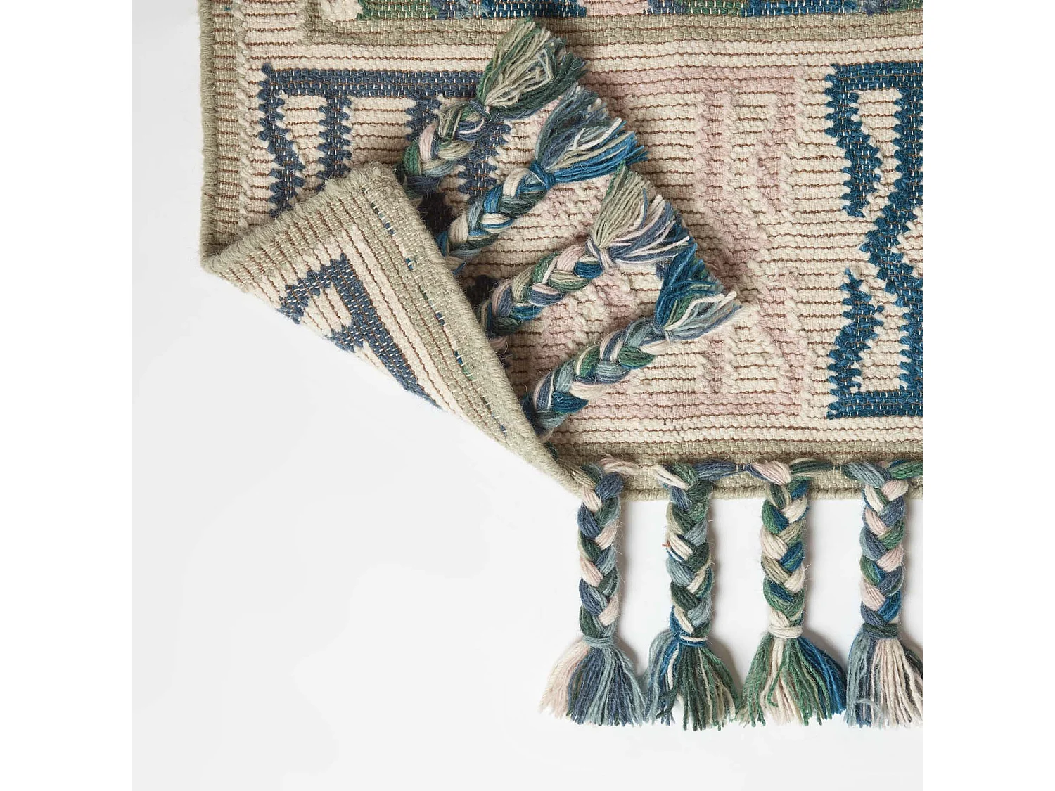 Homescapes Matala Green & Blue Kilim Runner Wool Rug 66 x 200 cm
