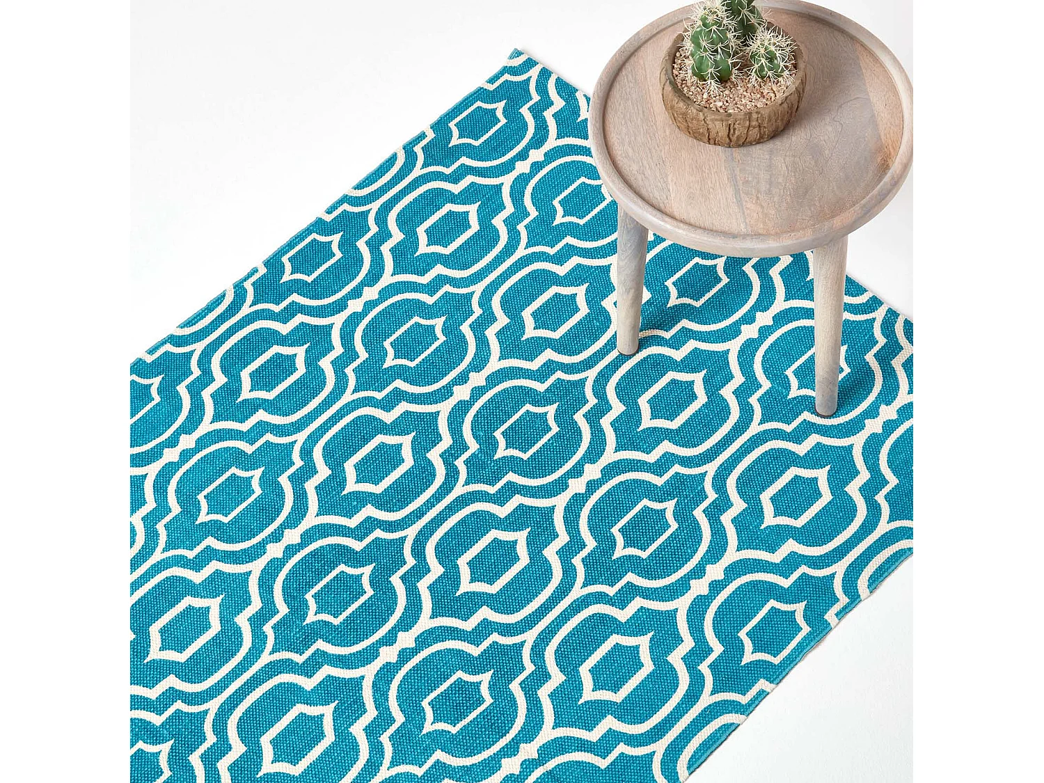 Homescapes Riga Teal and White 100% Cotton Printed Patterned Rug, 120 x 170 cm