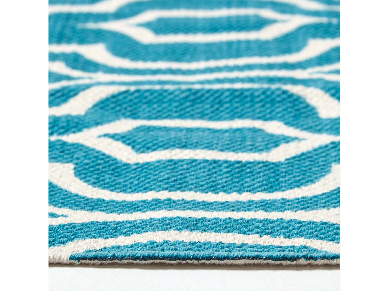 Homescapes Riga Teal and White 100% Cotton Printed Patterned Rug, 120 x 170 cm