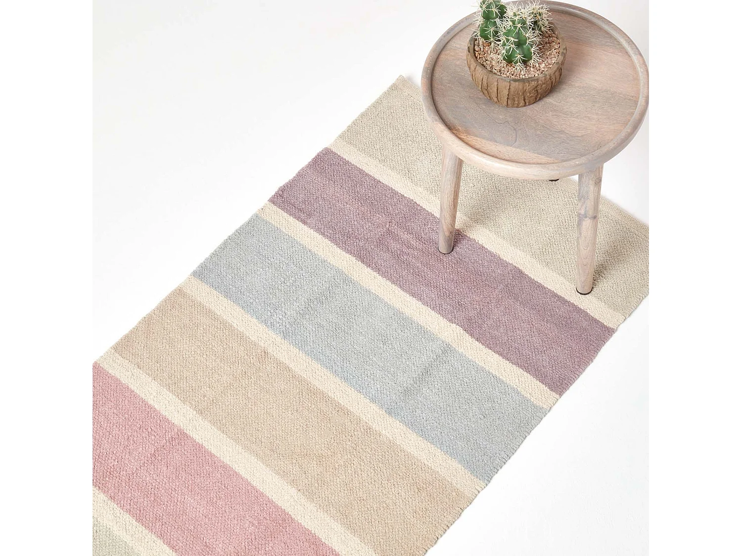 Homescapes Cotton Chenille Striped Rug Blue Beige Purple Grey Natural, 66 x 200 cm